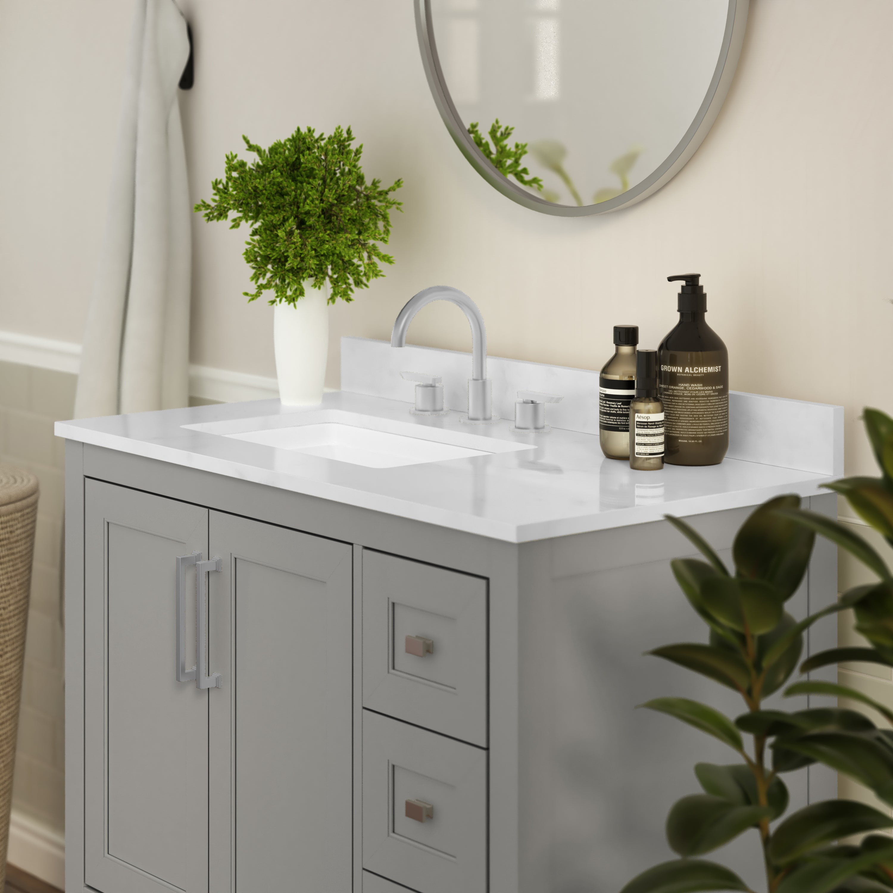 Vega Bathroom Vanity with Sink, Storage Cabinet with Soft Close Doors, Open Shelf and 3 Drawers, Carrara Marble Finish Countertop-Bathroom Vanity-Flash Furniture-Wall2Wall Furnishings