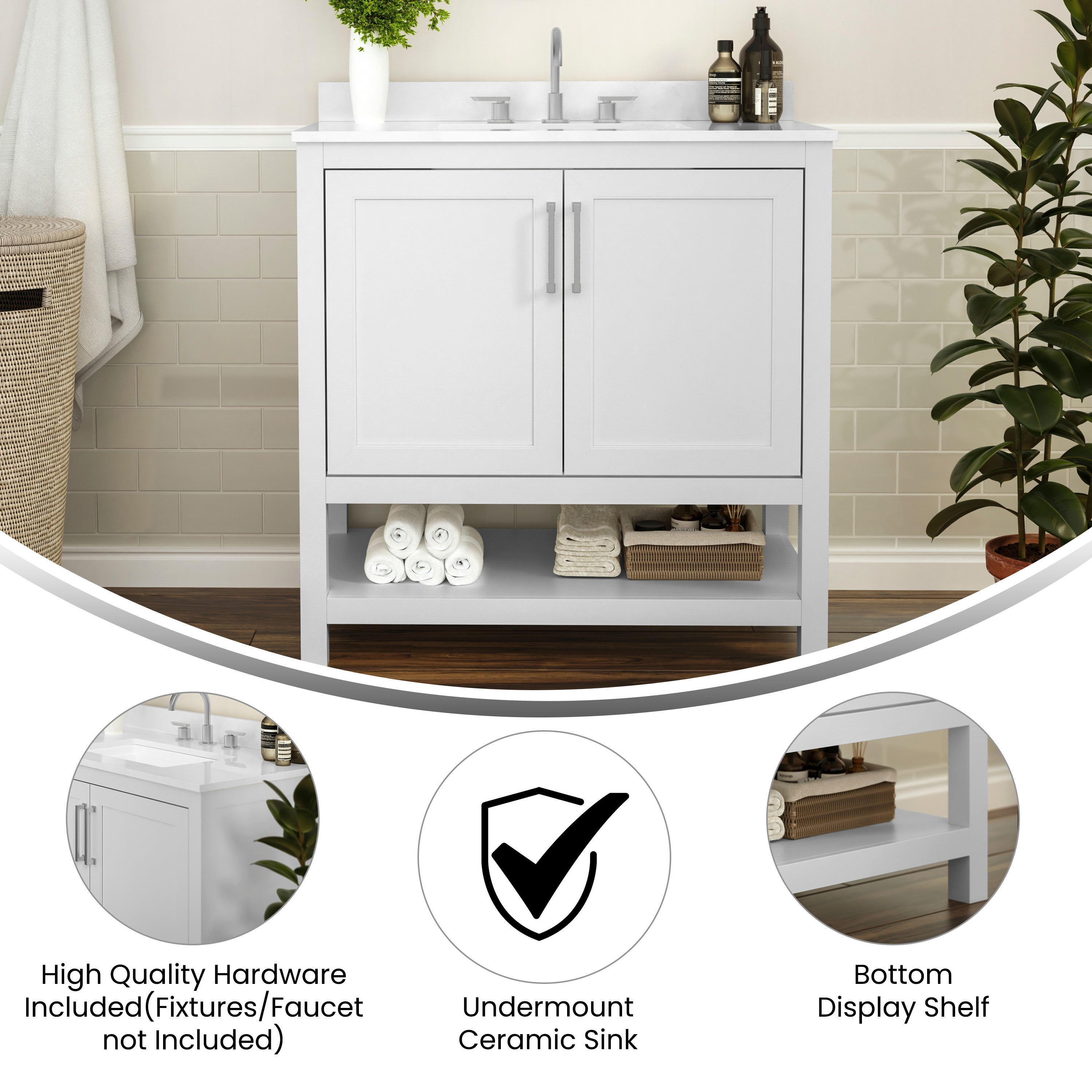 Vega Bathroom Vanity with Sink Combo, Storage Cabinet with Soft Close Doors and Open Shelf, Carrara Marble Finish Countertop-Bathroom Vanity-Flash Furniture-Wall2Wall Furnishings