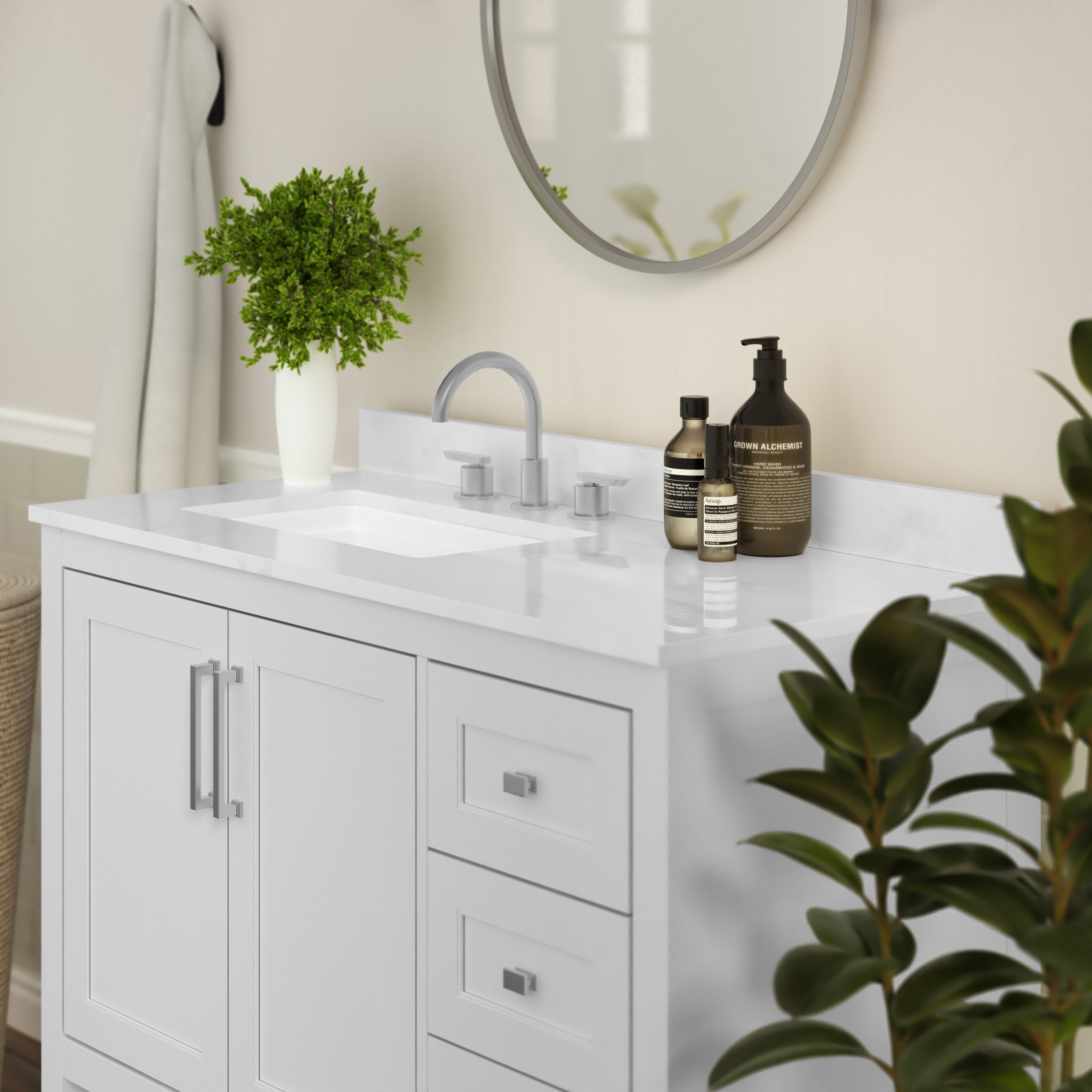 Vega Bathroom Vanity with Sink, Storage Cabinet with Soft Close Doors, Open Shelf and 3 Drawers, Carrara Marble Finish Countertop-Bathroom Vanity-Flash Furniture-Wall2Wall Furnishings
