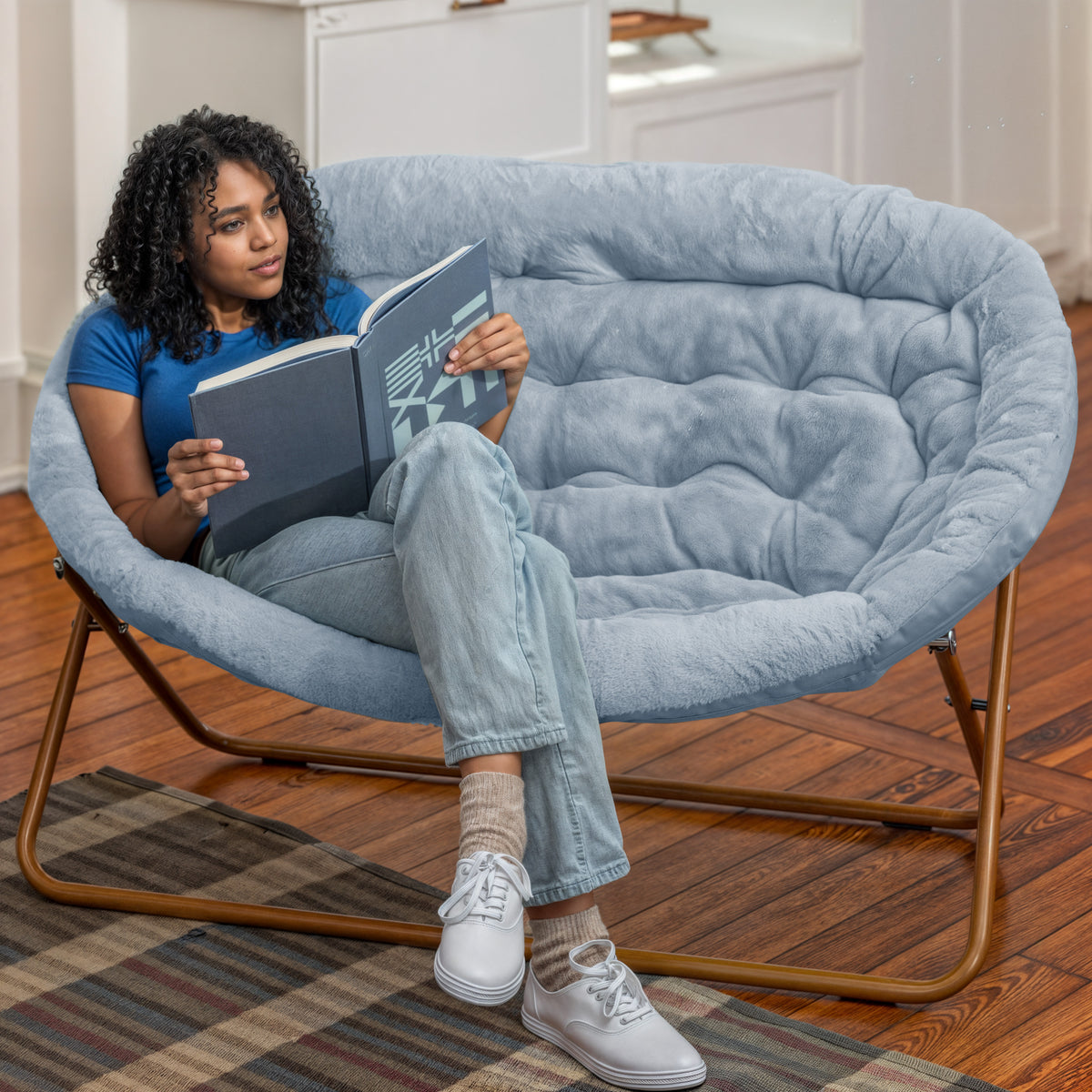 Eleanor Portable Folding Upholstered Double Saucer Chair with a Steel Frame for Dorm, Living Room, or Bedroom