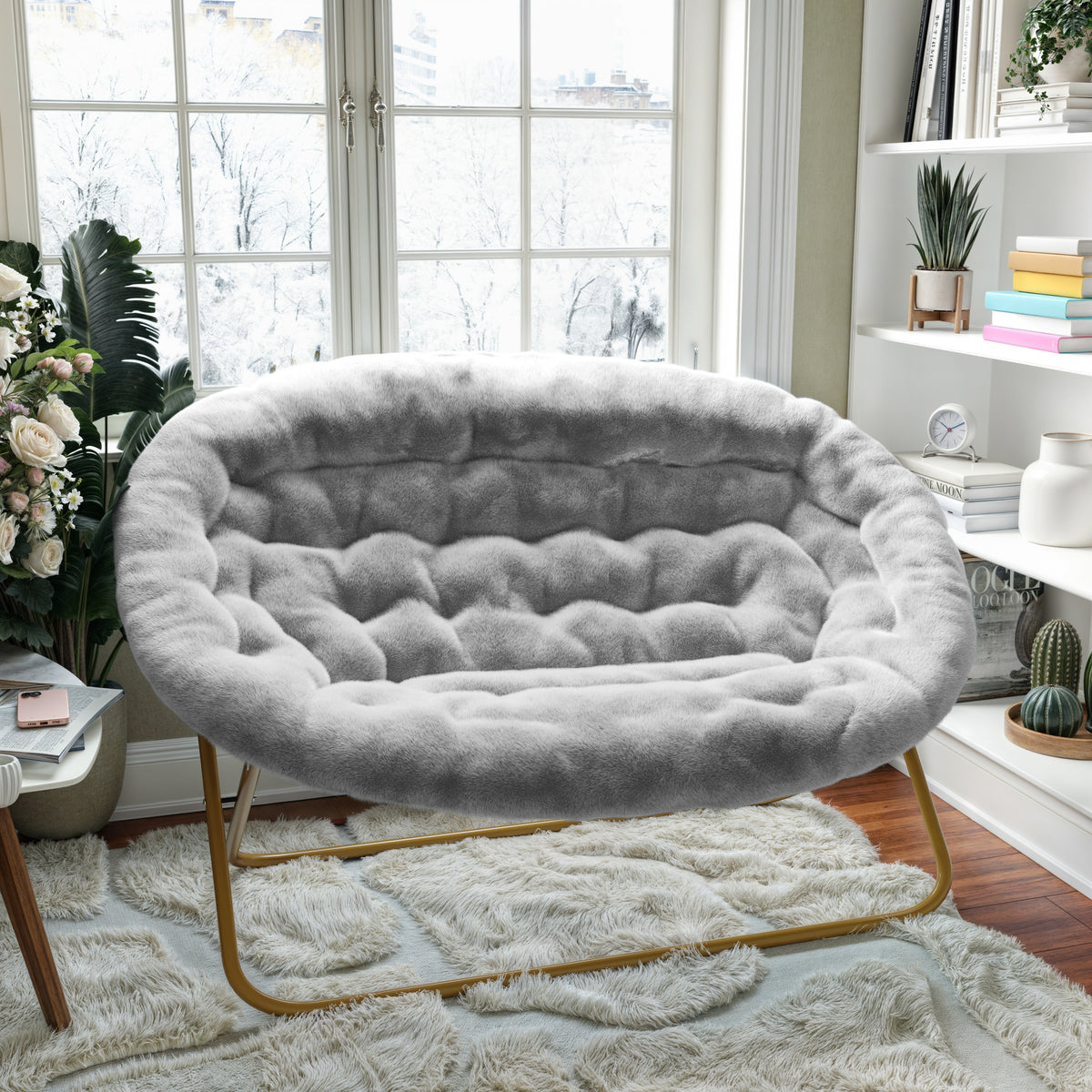 Eleanor Portable Folding Upholstered Double Saucer Chair with a Steel Frame for Dorm, Living Room, or Bedroom