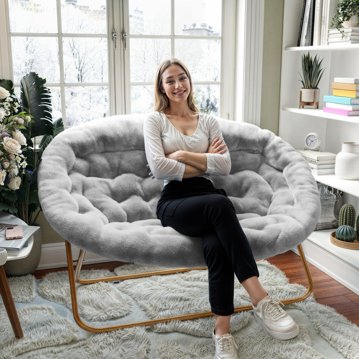Eleanor Portable Folding Upholstered Double Saucer Chair with a Steel Frame for Dorm, Living Room, or Bedroom