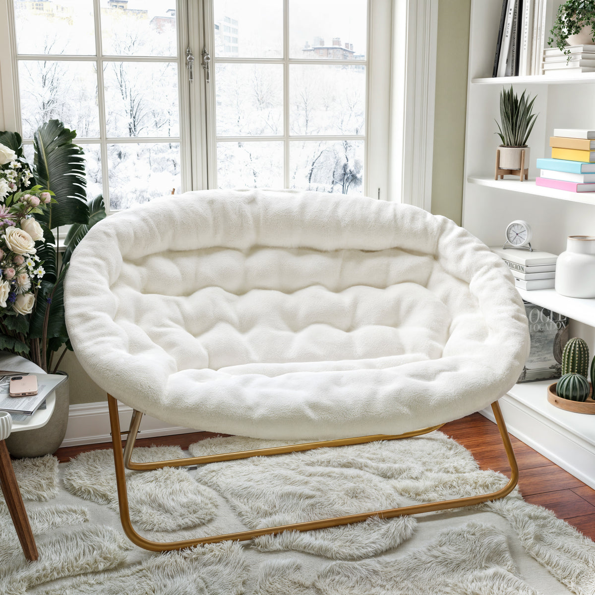 Eleanor Portable Folding Upholstered Double Saucer Chair with a Steel Frame for Dorm, Living Room, or Bedroom