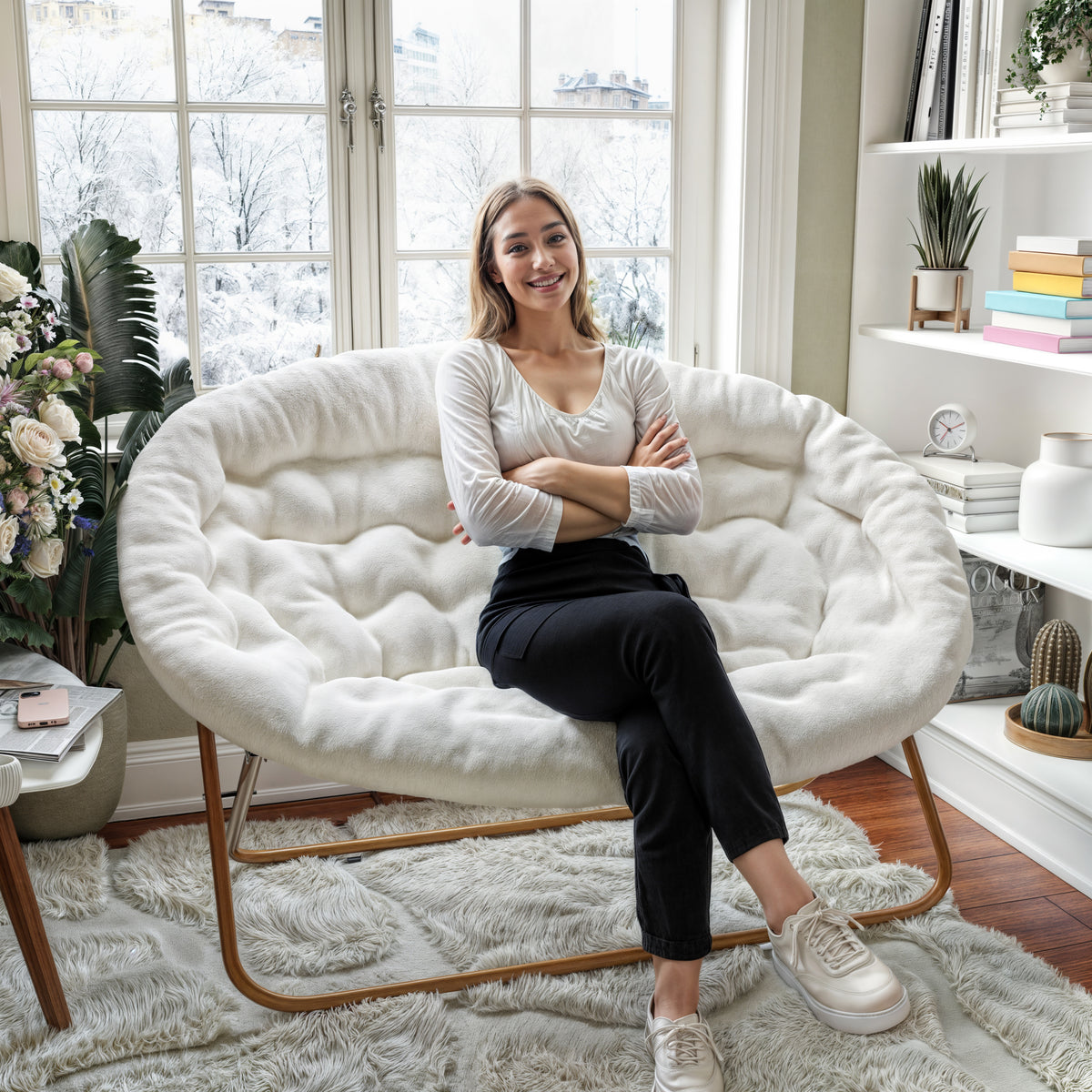 Eleanor Portable Folding Upholstered Double Saucer Chair with a Steel Frame for Dorm, Living Room, or Bedroom