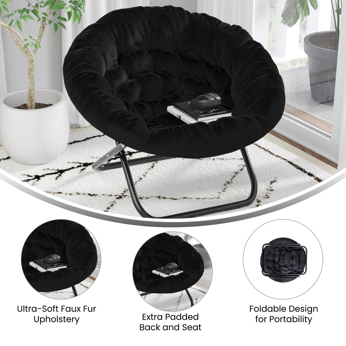Gwen 38" Oversize Portable Faux Fur Folding Saucer Moon Chair for Dorm and Bedroom
