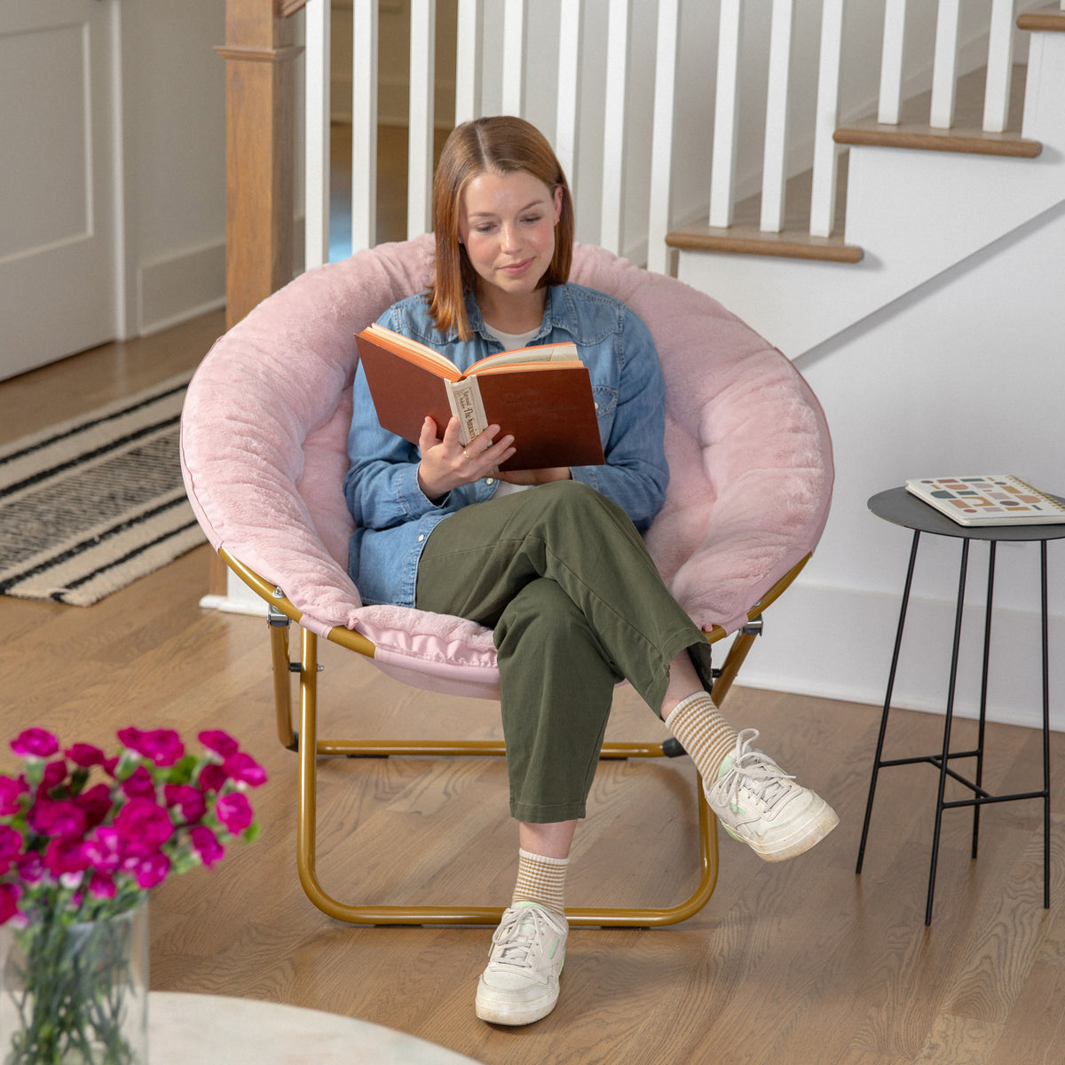 Gwen 38" Oversize Portable Faux Fur Folding Saucer Moon Chair for Dorm and Bedroom