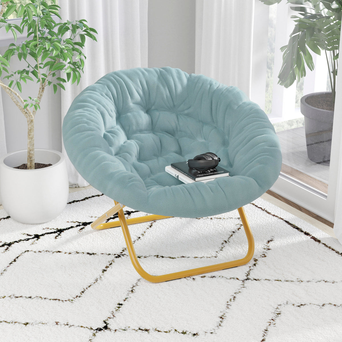 Gwen 38" Oversize Portable Faux Fur Folding Saucer Moon Chair for Dorm and Bedroom