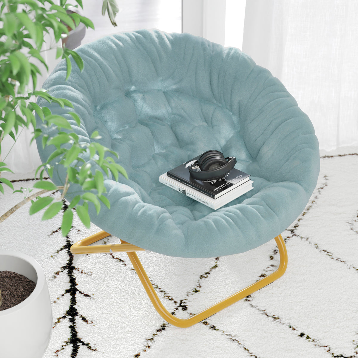 Gwen 38" Oversize Portable Faux Fur Folding Saucer Moon Chair for Dorm and Bedroom