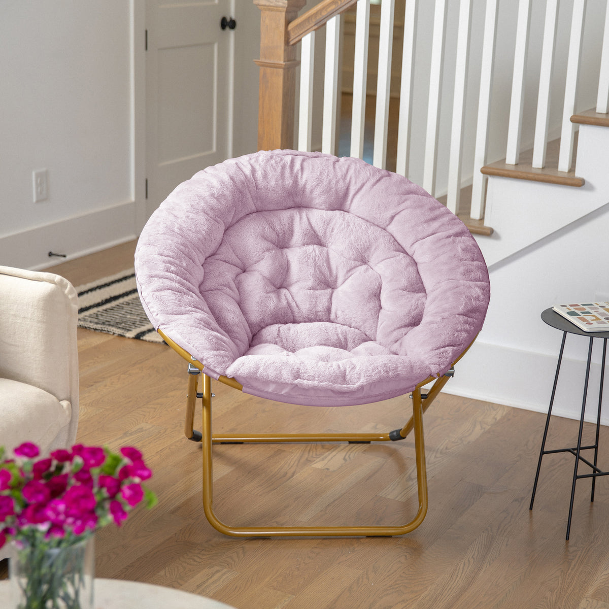 Gwen 38" Oversize Portable Faux Fur Folding Saucer Moon Chair for Dorm and Bedroom