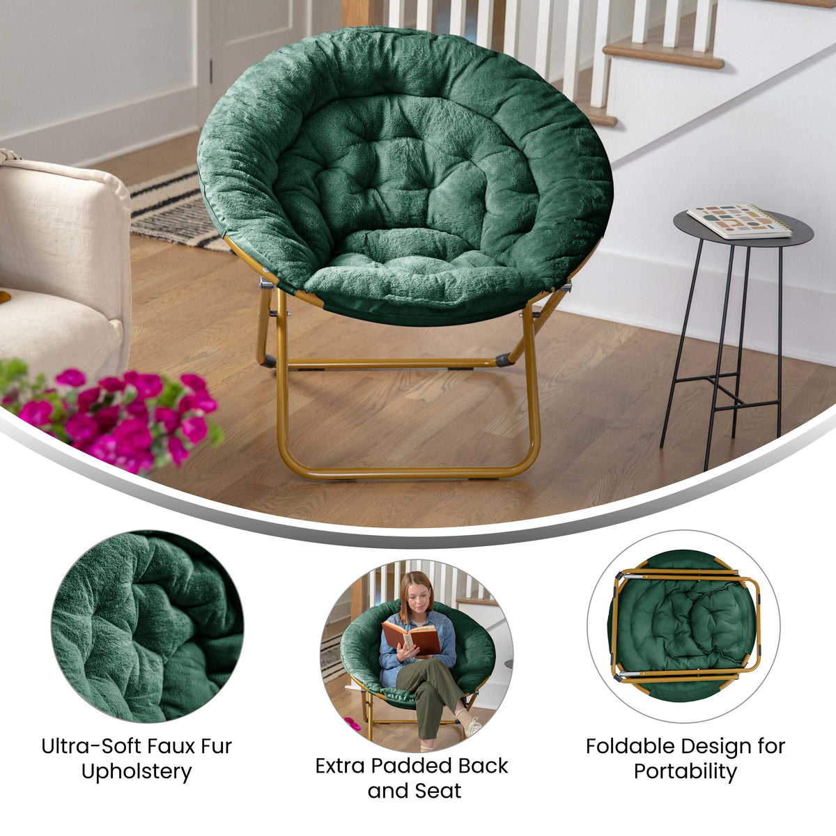 Gwen 38" Oversize Portable Faux Fur Folding Saucer Moon Chair for Dorm and Bedroom