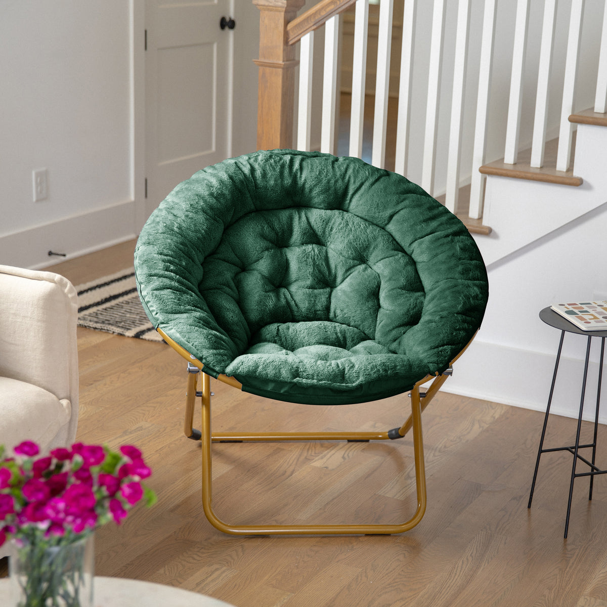 Gwen 38" Oversize Portable Faux Fur Folding Saucer Moon Chair for Dorm and Bedroom