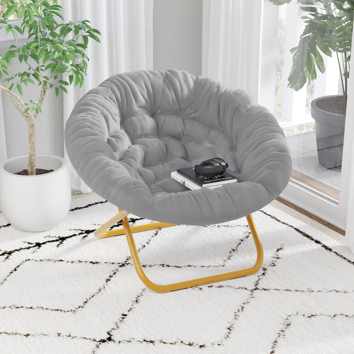 Gwen 38" Oversize Portable Faux Fur Folding Saucer Moon Chair for Dorm and Bedroom