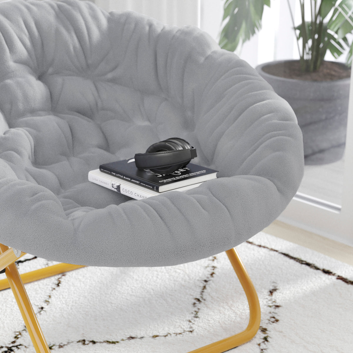 Gwen 38" Oversize Portable Faux Fur Folding Saucer Moon Chair for Dorm and Bedroom