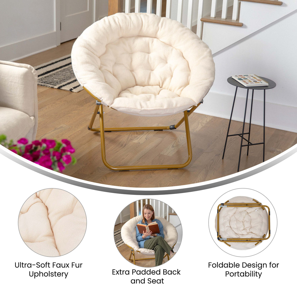 Gwen 38" Oversize Portable Faux Fur Folding Saucer Moon Chair for Dorm and Bedroom
