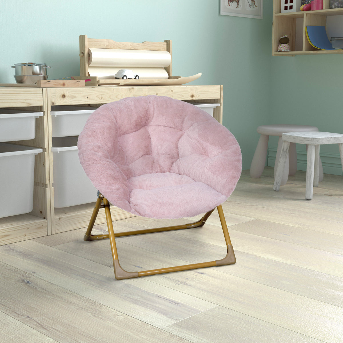 Gwen 23" Kids Cozy Mini Folding Saucer Chair, Faux Fur Moon Chair for Toddlers and Bedroom