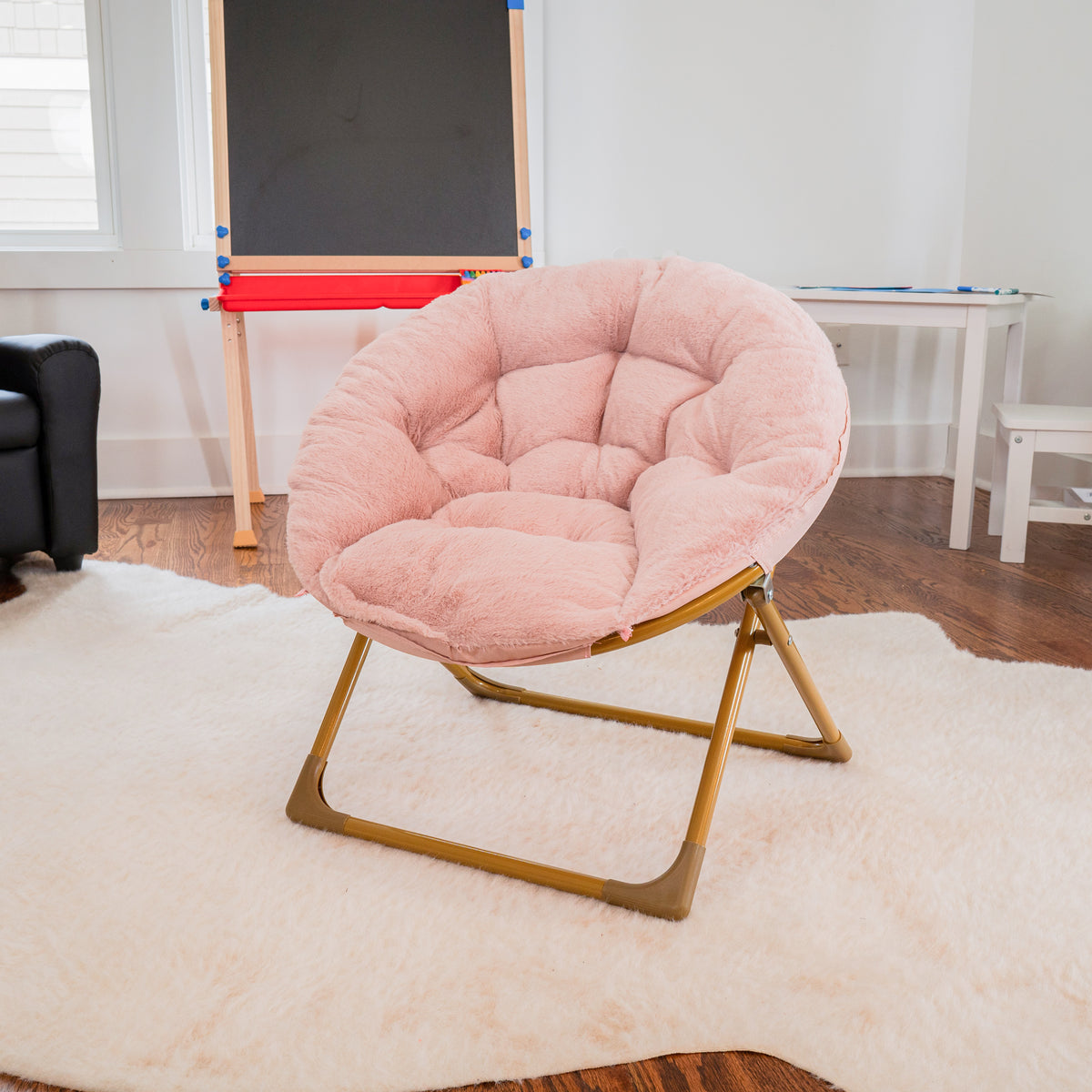 Gwen 23" Kids Cozy Mini Folding Saucer Chair, Faux Fur Moon Chair for Toddlers and Bedroom
