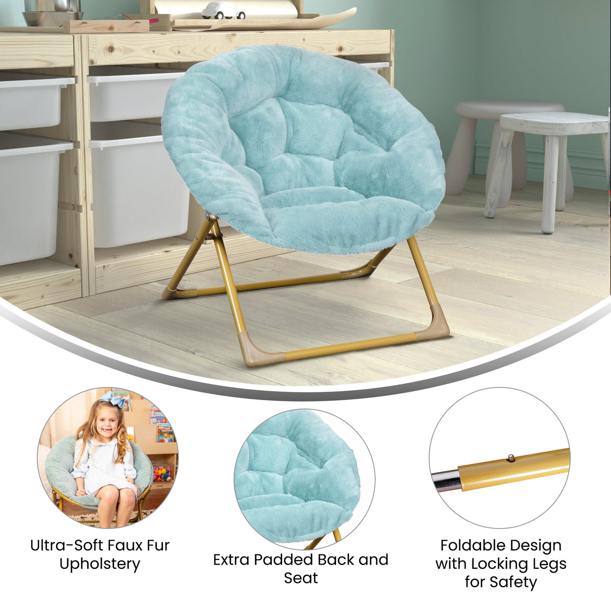 Gwen 23" Kids Cozy Mini Folding Saucer Chair, Faux Fur Moon Chair for Toddlers and Bedroom