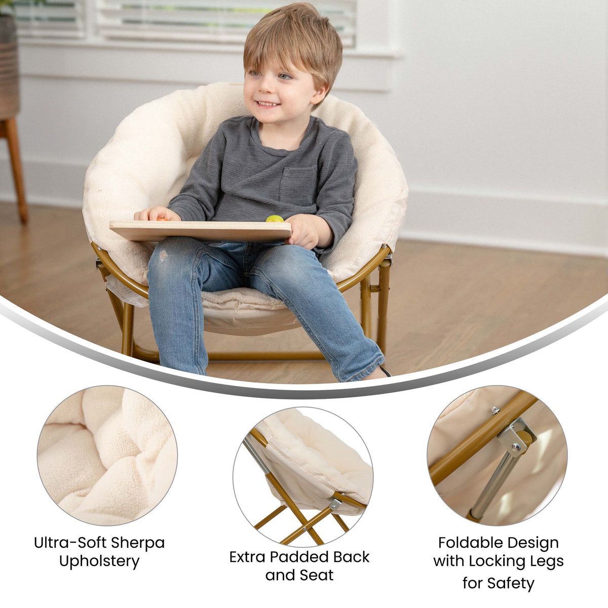 Gwen 23" Kids Cozy Mini Folding Saucer Chair, Faux Fur Moon Chair for Toddlers and Bedroom