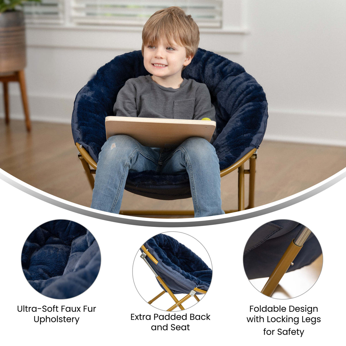 Gwen 23" Kids Cozy Mini Folding Saucer Chair, Faux Fur Moon Chair for Toddlers and Bedroom