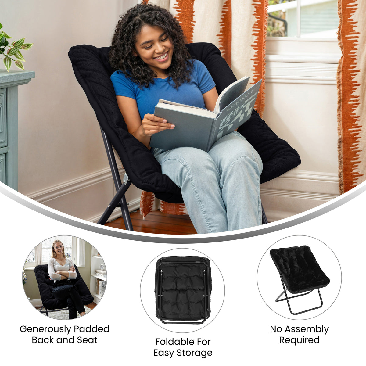 Archer Oversized Portable Upholstered Folding Saucer Chair for Dorm or Bedroom