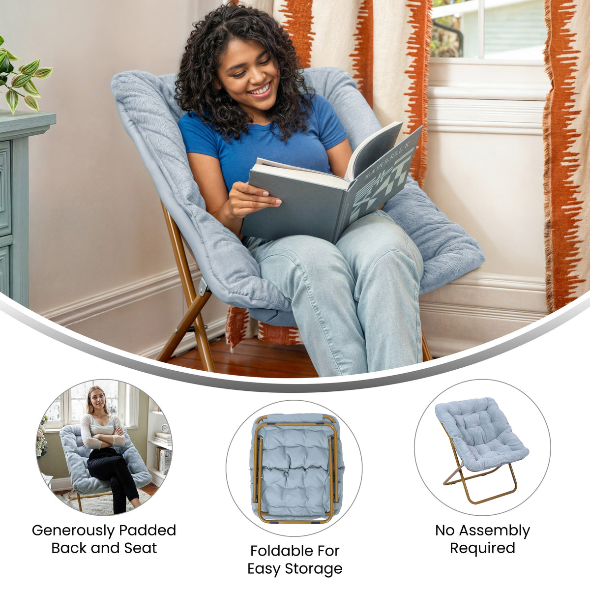 Archer Oversized Portable Upholstered Folding Saucer Chair for Dorm or Bedroom