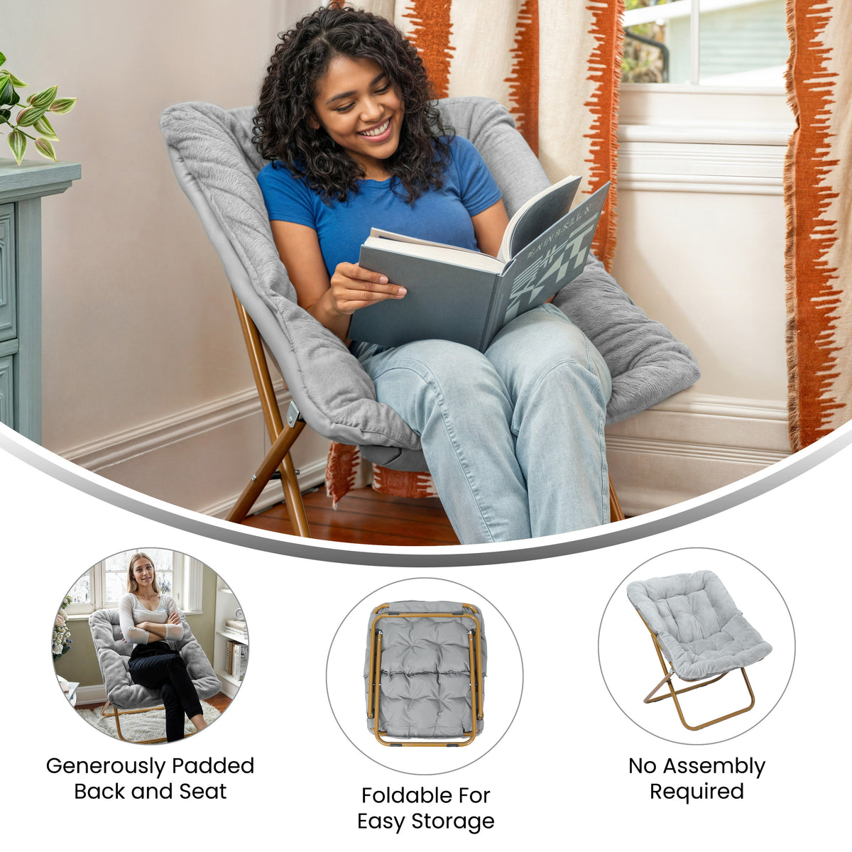 Archer Oversized Portable Upholstered Folding Saucer Chair for Dorm or Bedroom