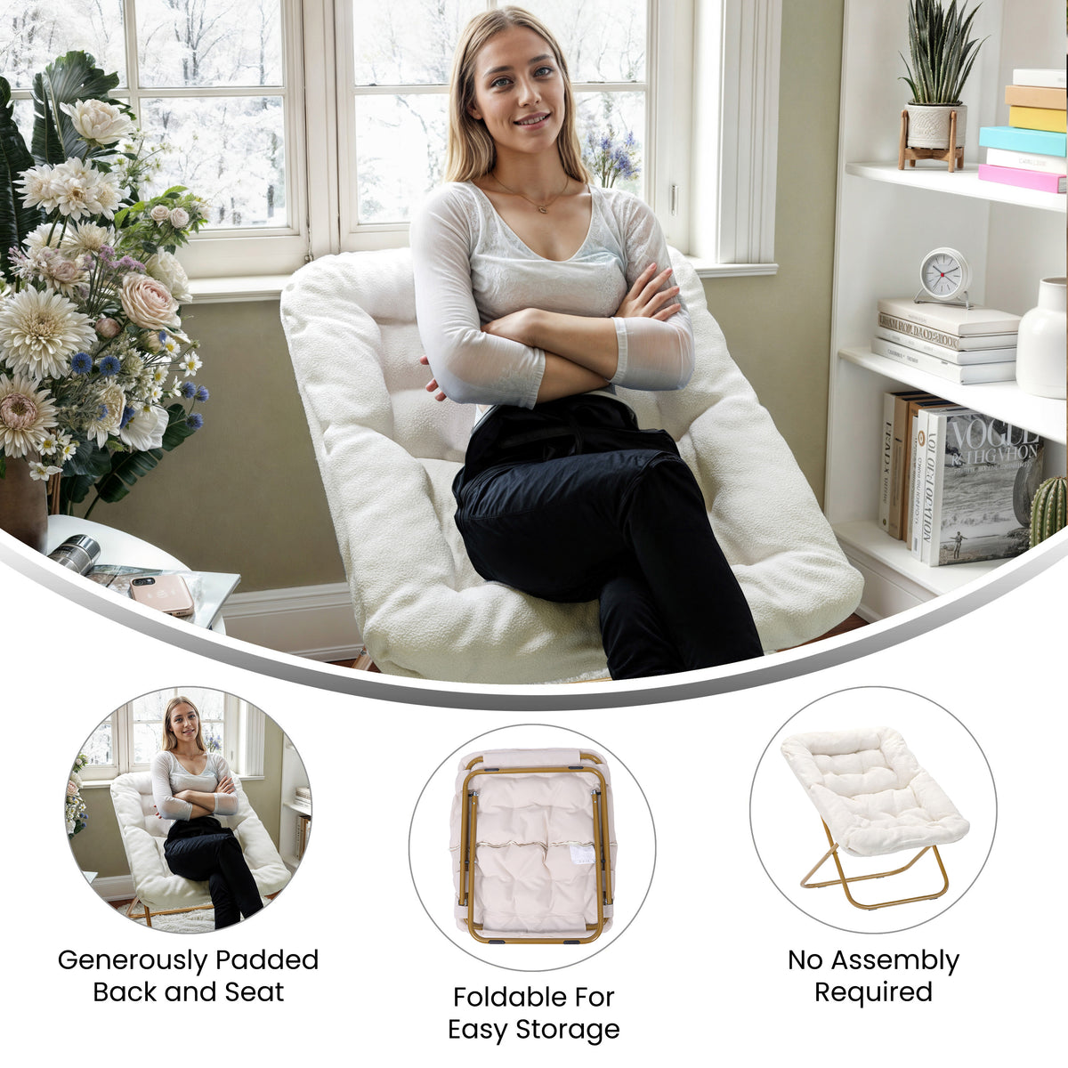Archer Oversized Portable Upholstered Folding Saucer Chair for Dorm or Bedroom