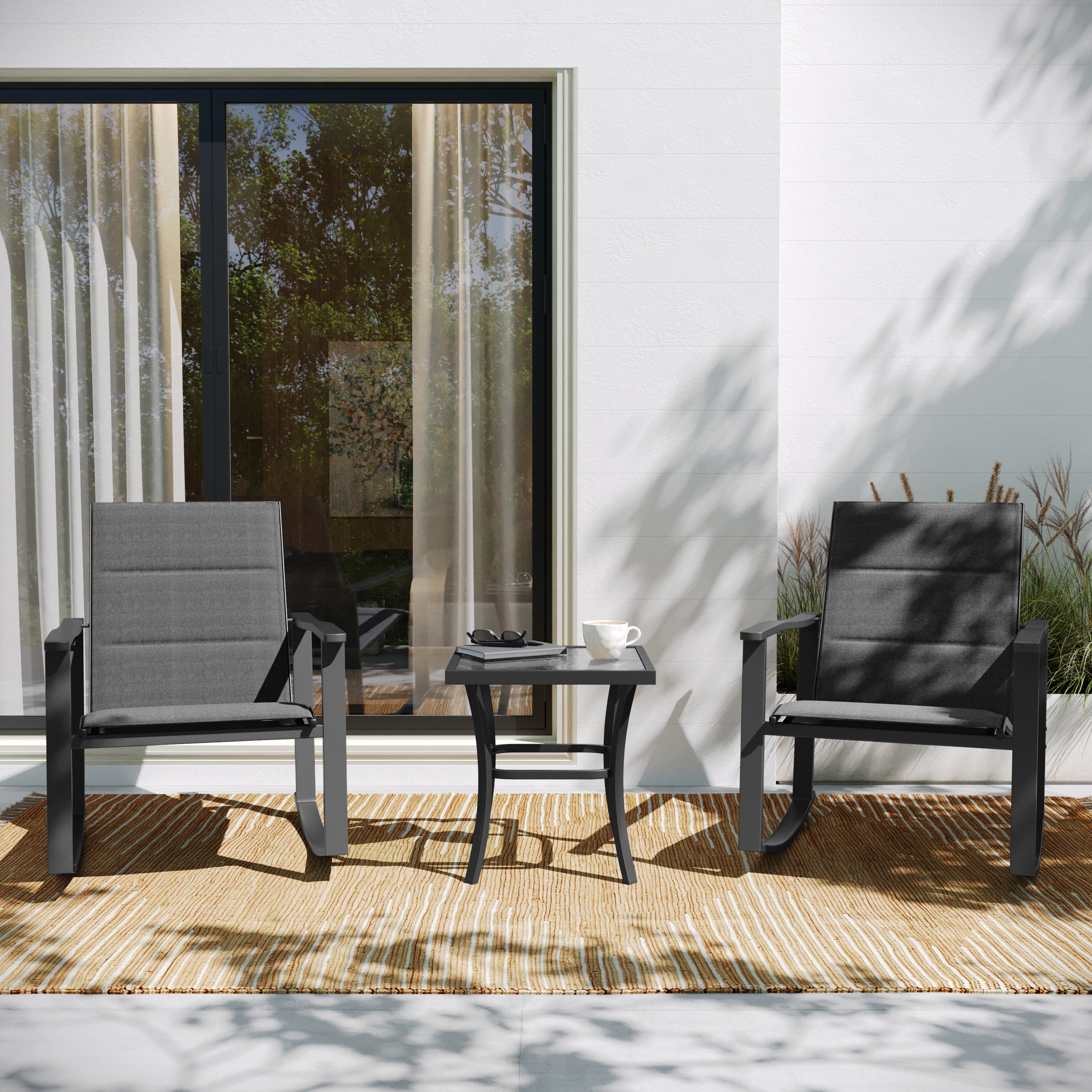 Brazos 3 Piece Outdoor Rocking Chair Bistro Set with Flex Comfort Material and Metal Framed Glass Top Table-Metal Patio Rocking Bistro Set-Flash Furniture-Wall2Wall Furnishings