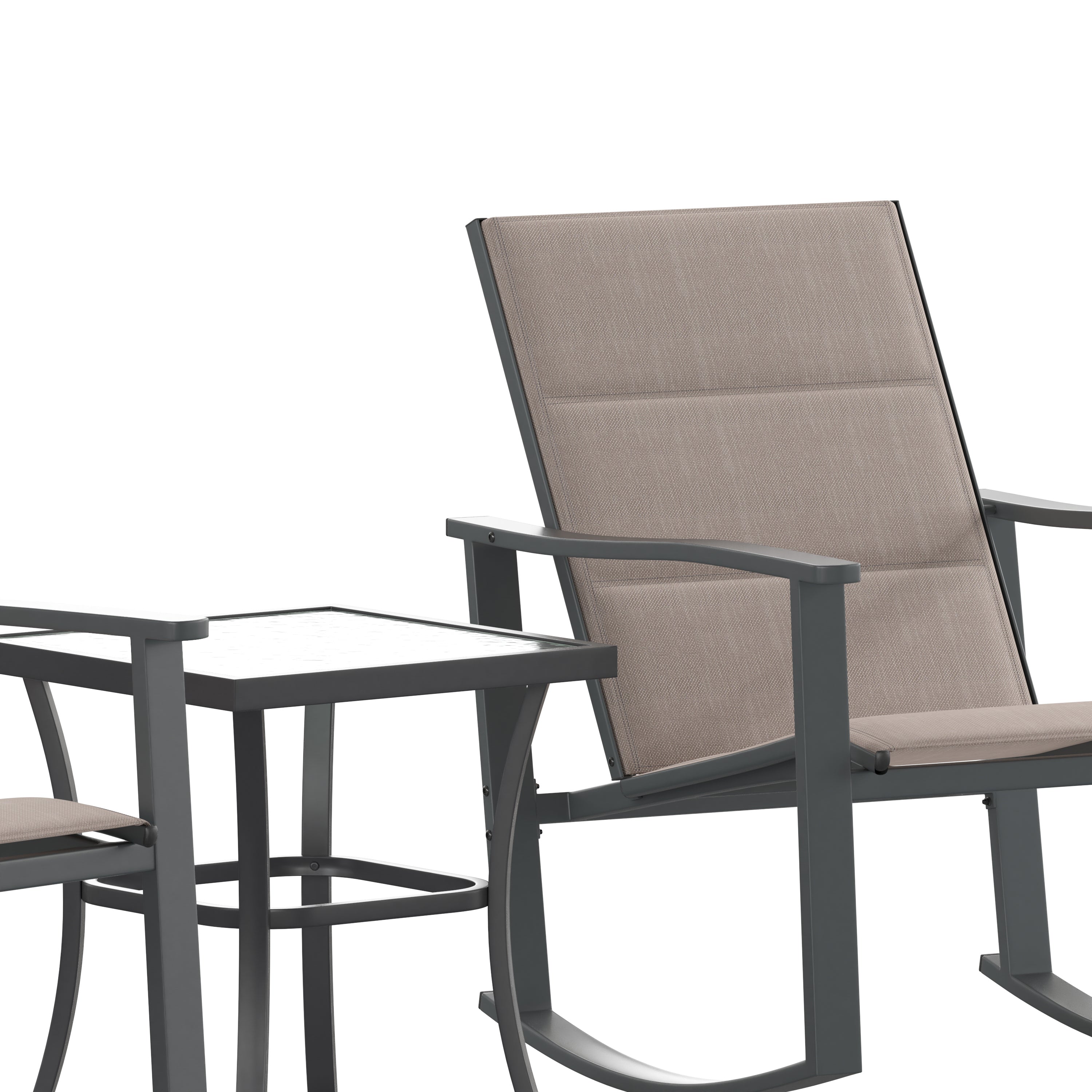 Brazos 3 Piece Outdoor Rocking Chair Bistro Set with Flex Comfort Material and Metal Framed Glass Top Table-Metal Patio Rocking Bistro Set-Flash Furniture-Wall2Wall Furnishings