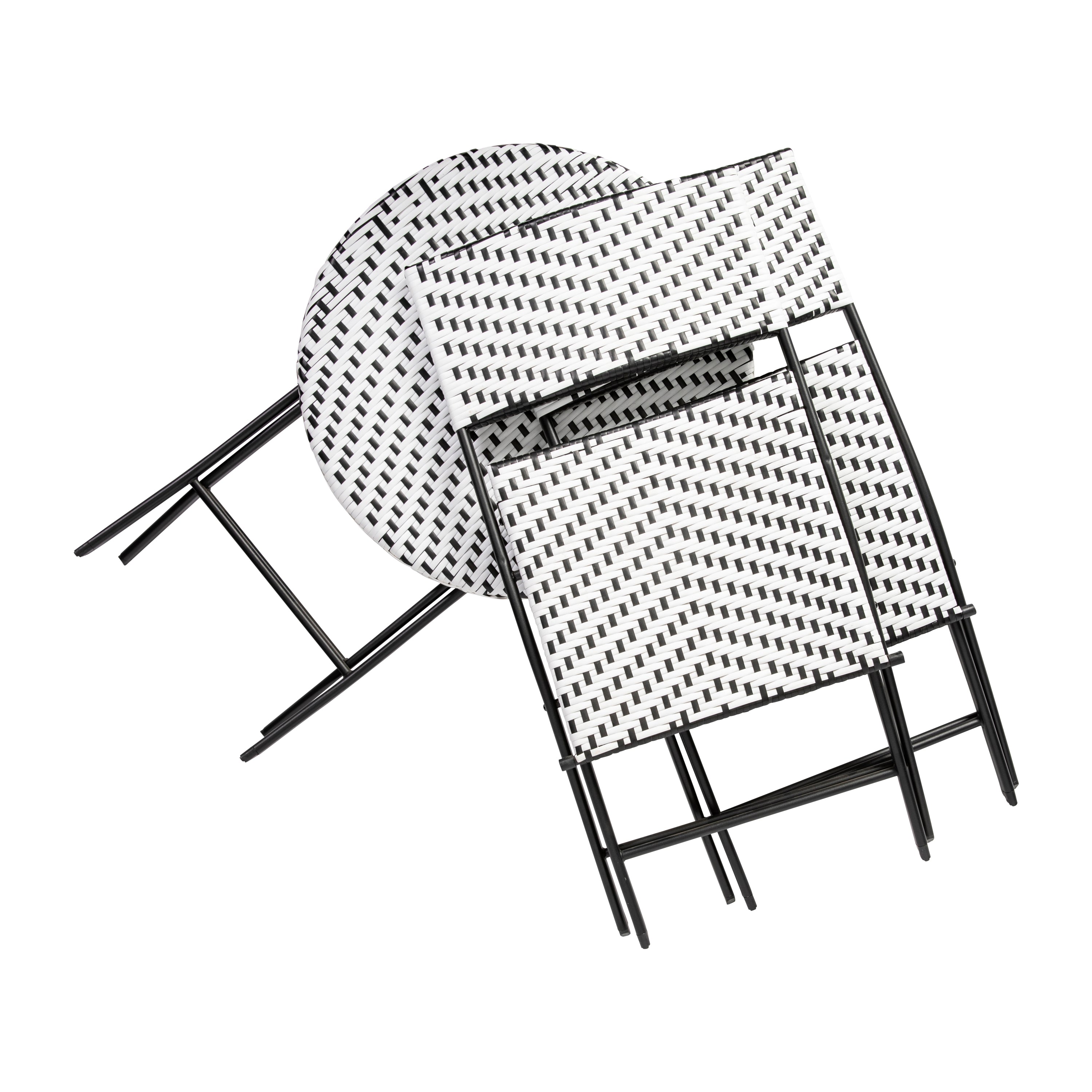 Rouen Three Piece Folding French Bistro Set in PE Rattan with Metal Frames for Indoor and Outdoor Use-Folding French Bistro Set-Flash Furniture-Wall2Wall Furnishings