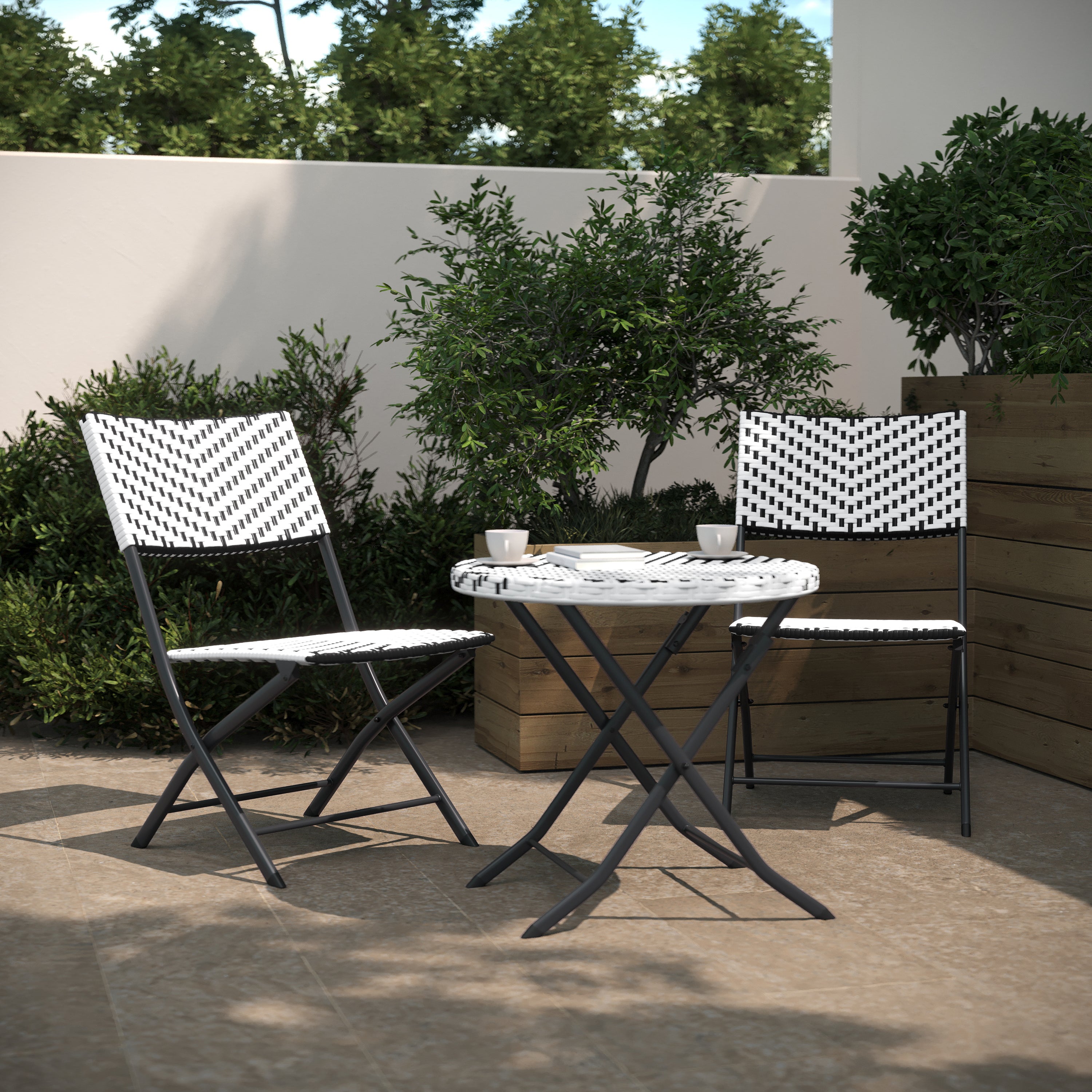 Rouen Three Piece Folding French Bistro Set in PE Rattan with Metal Frames for Indoor and Outdoor Use-Folding French Bistro Set-Flash Furniture-Wall2Wall Furnishings