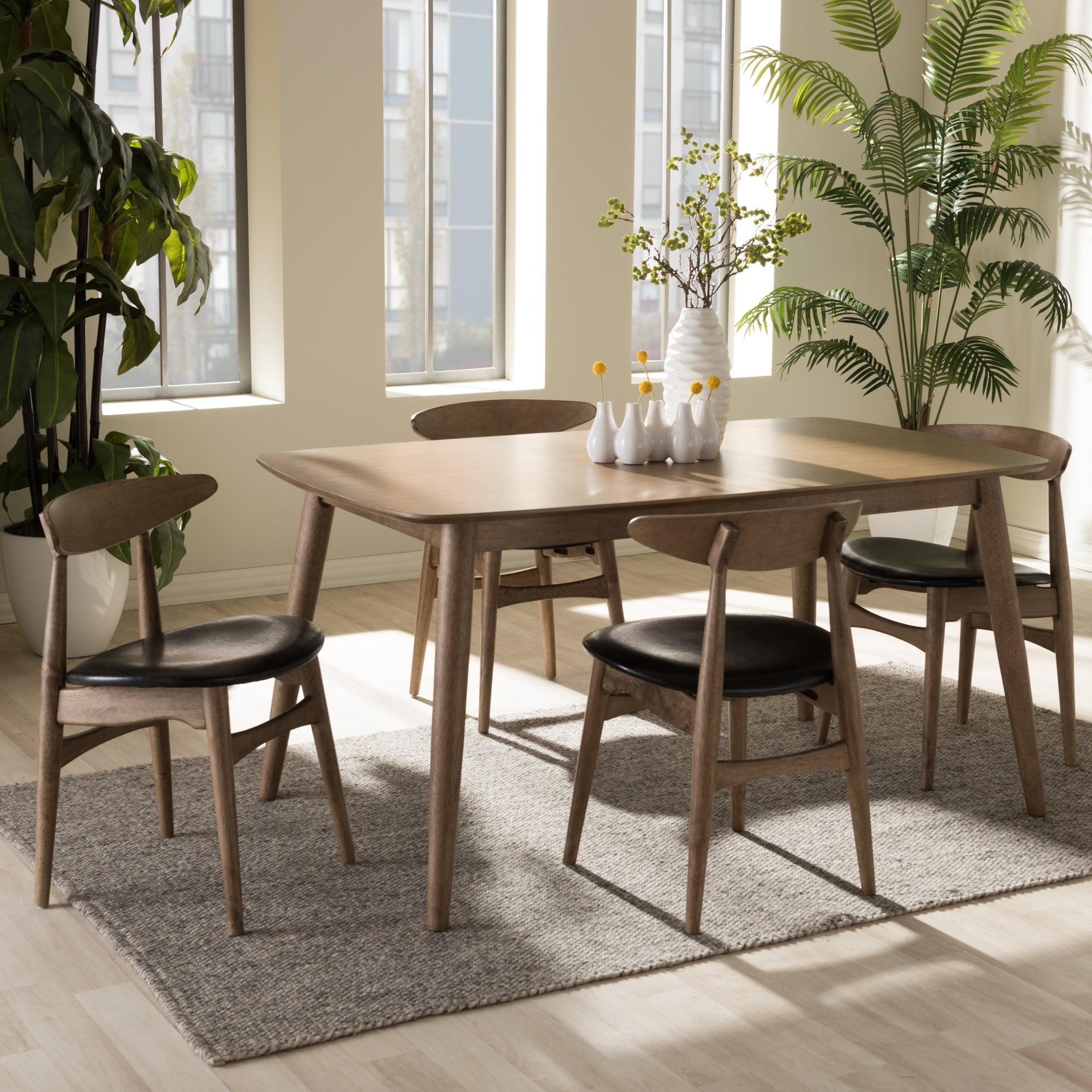 Edna Mid-Century Modern French Faux Leather and "" Light Finishing Wood 5-Peice Dining Set
