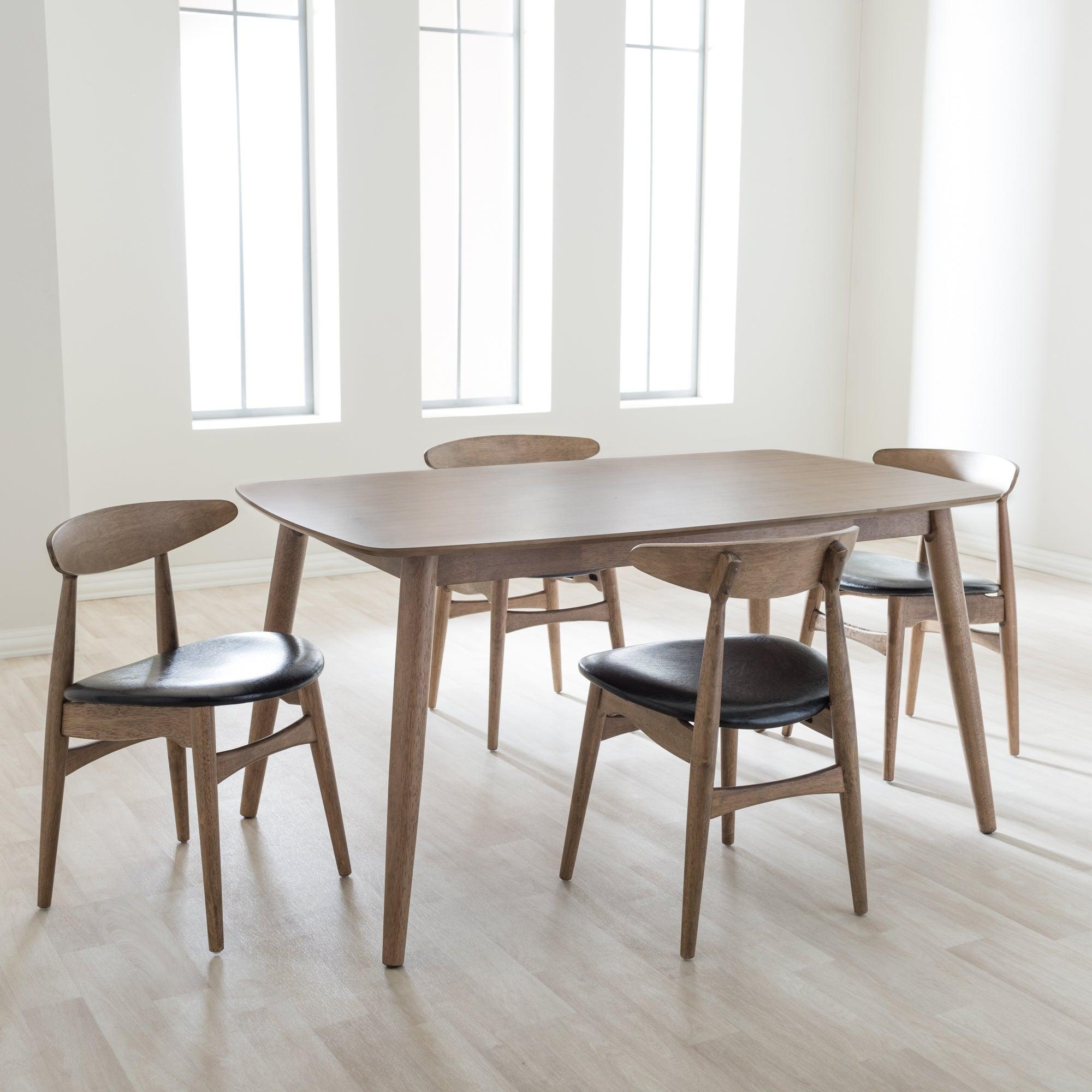 Edna Mid-Century Modern French Faux Leather and "" Light Finishing Wood 5-Peice Dining Set