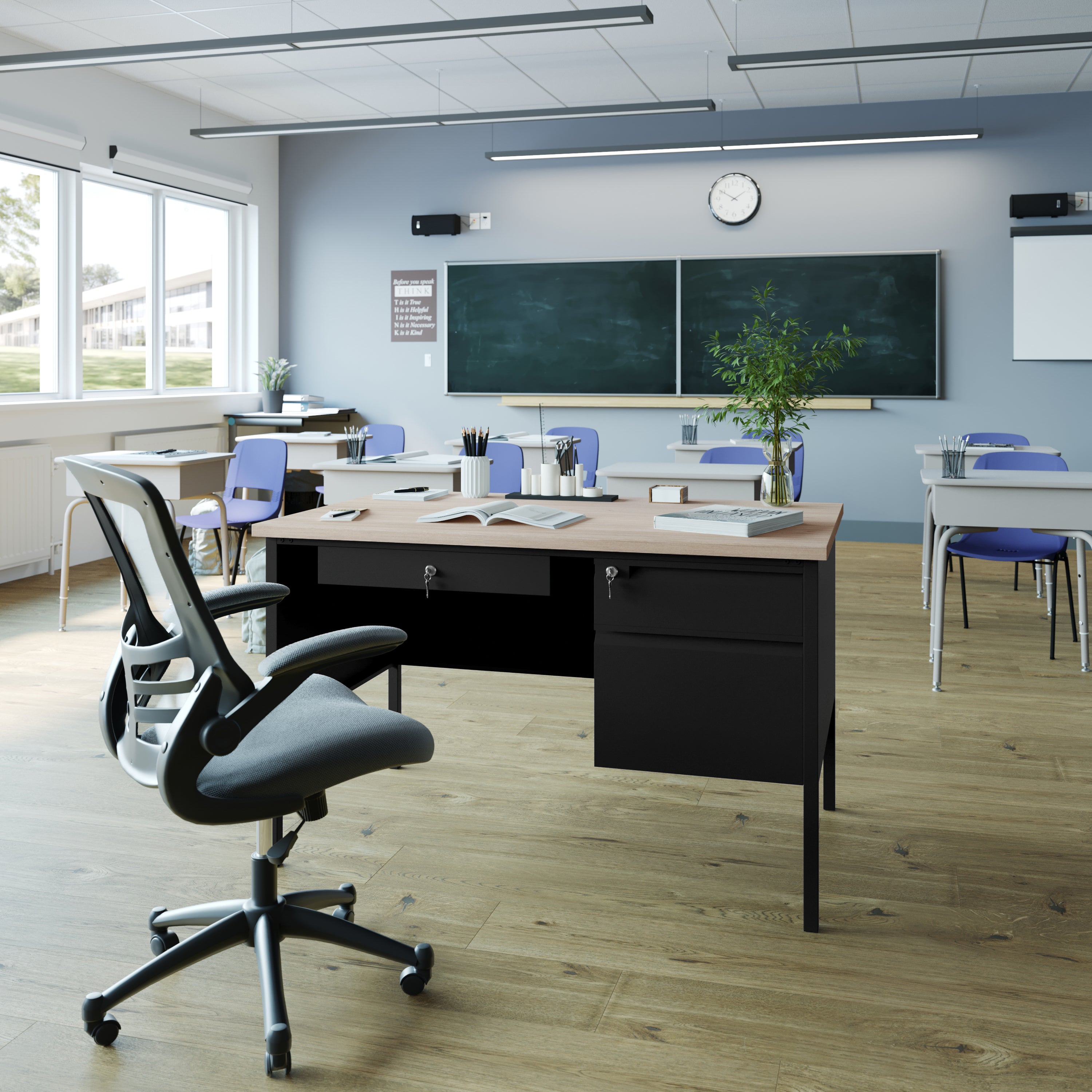 Cambridge Single Pedestal Desk with Locking Drawers and Metal Frame