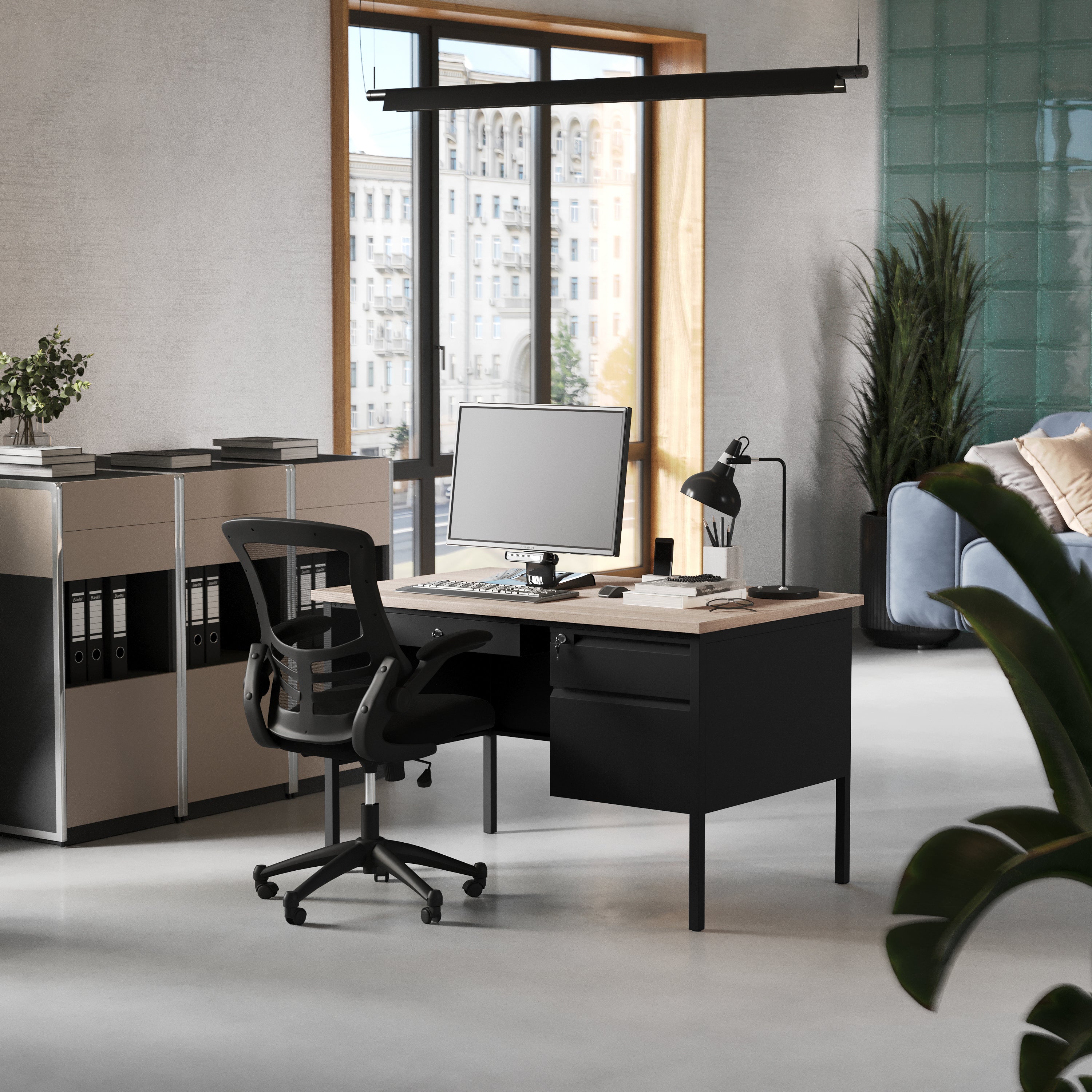 Cambridge Single Pedestal Desk with Locking Drawers and Metal Frame