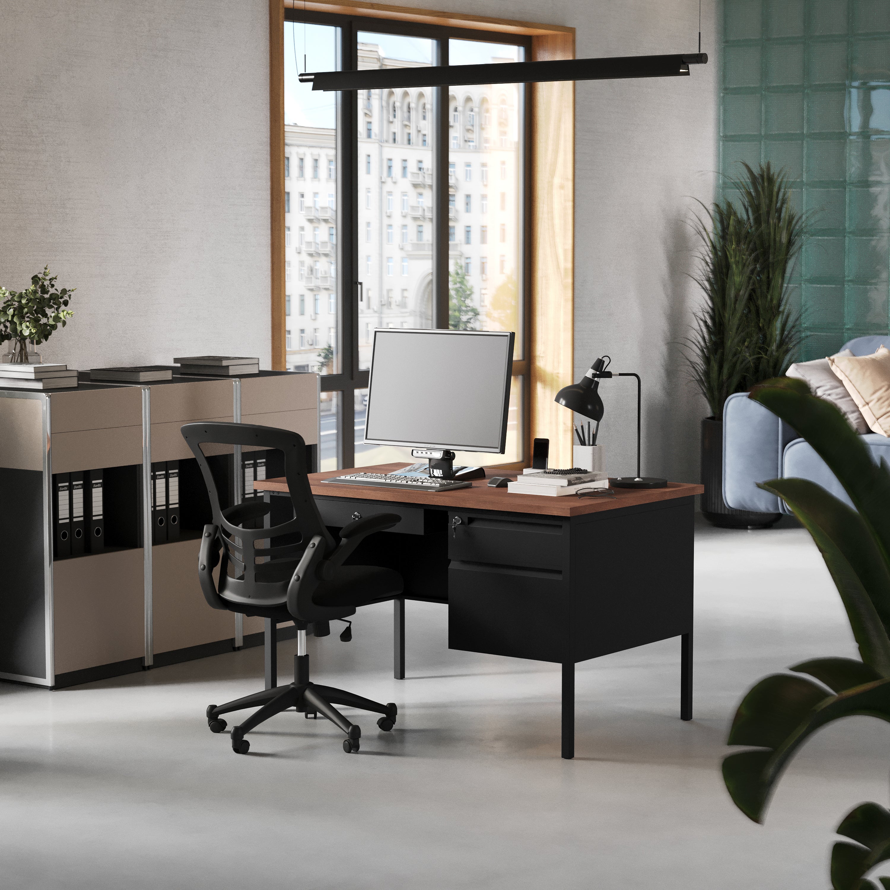Cambridge Single Pedestal Desk with Locking Drawers and Metal Frame