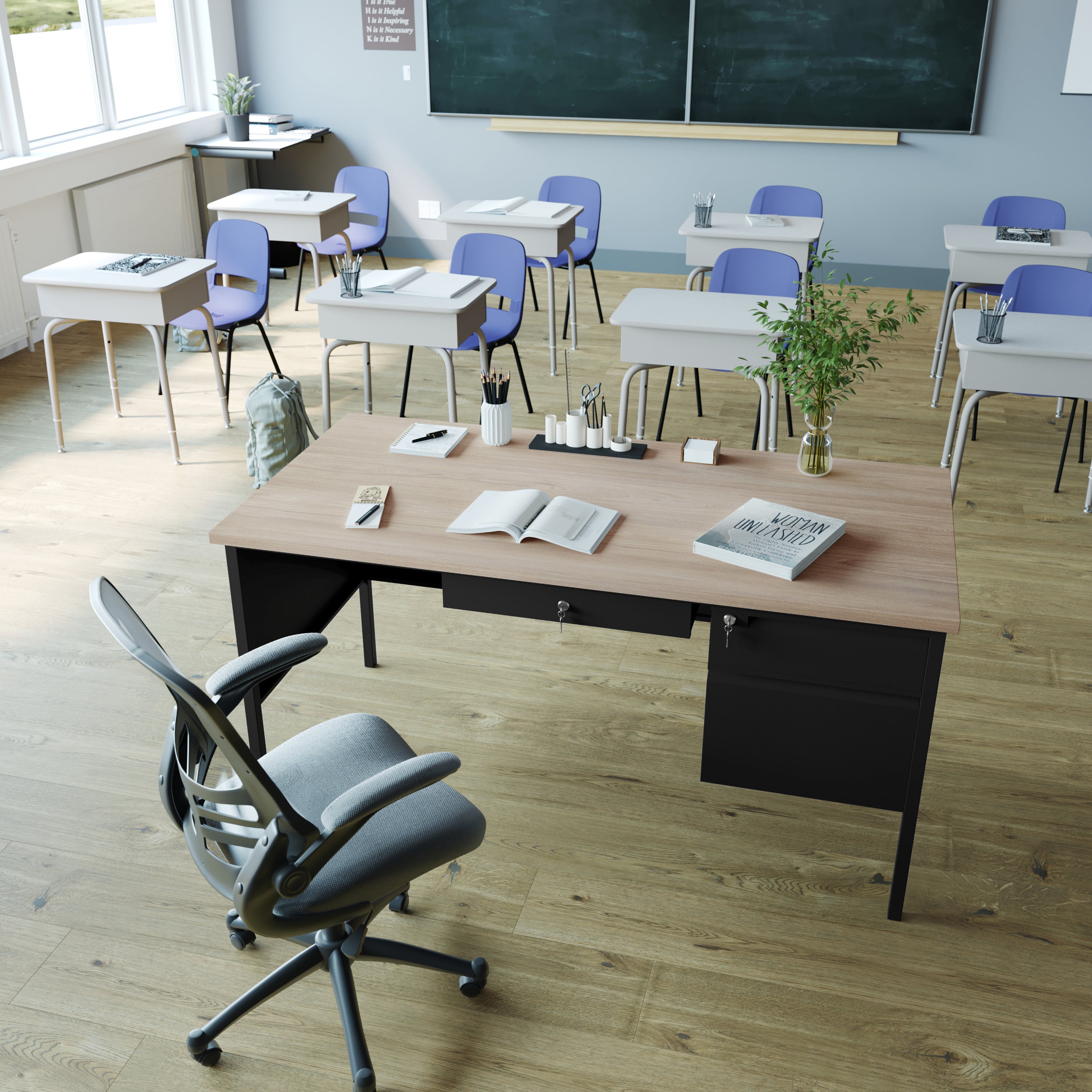 Cambridge Single Pedestal Desk with Locking Drawers and Metal Frame