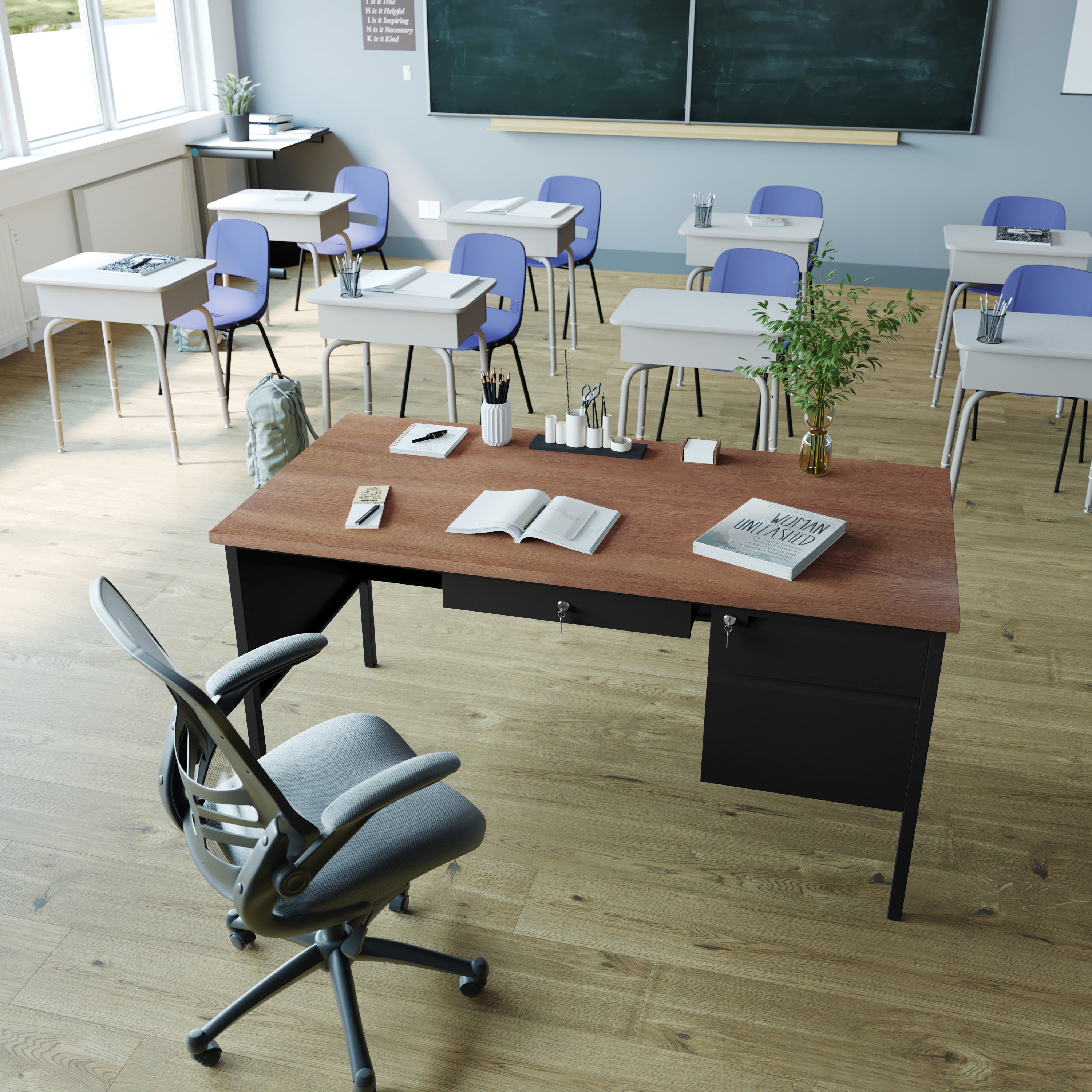 Cambridge Single Pedestal Desk with Locking Drawers and Metal Frame