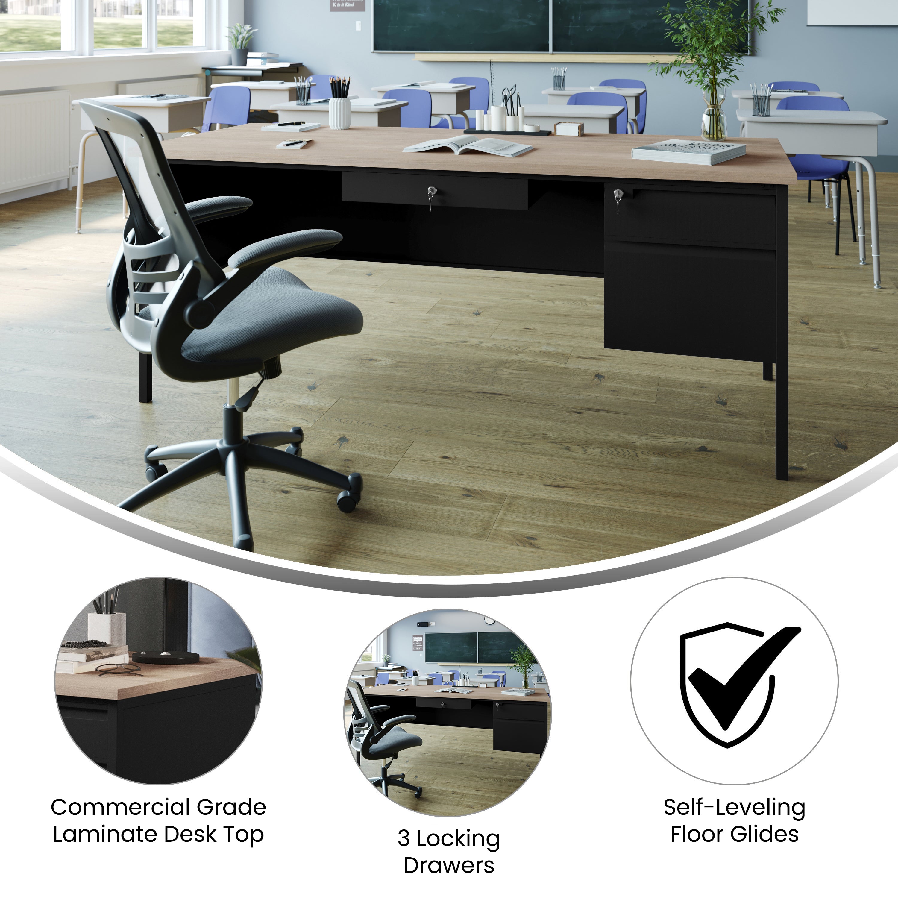 Cambridge Single Pedestal Desk with Locking Drawers and Metal Frame