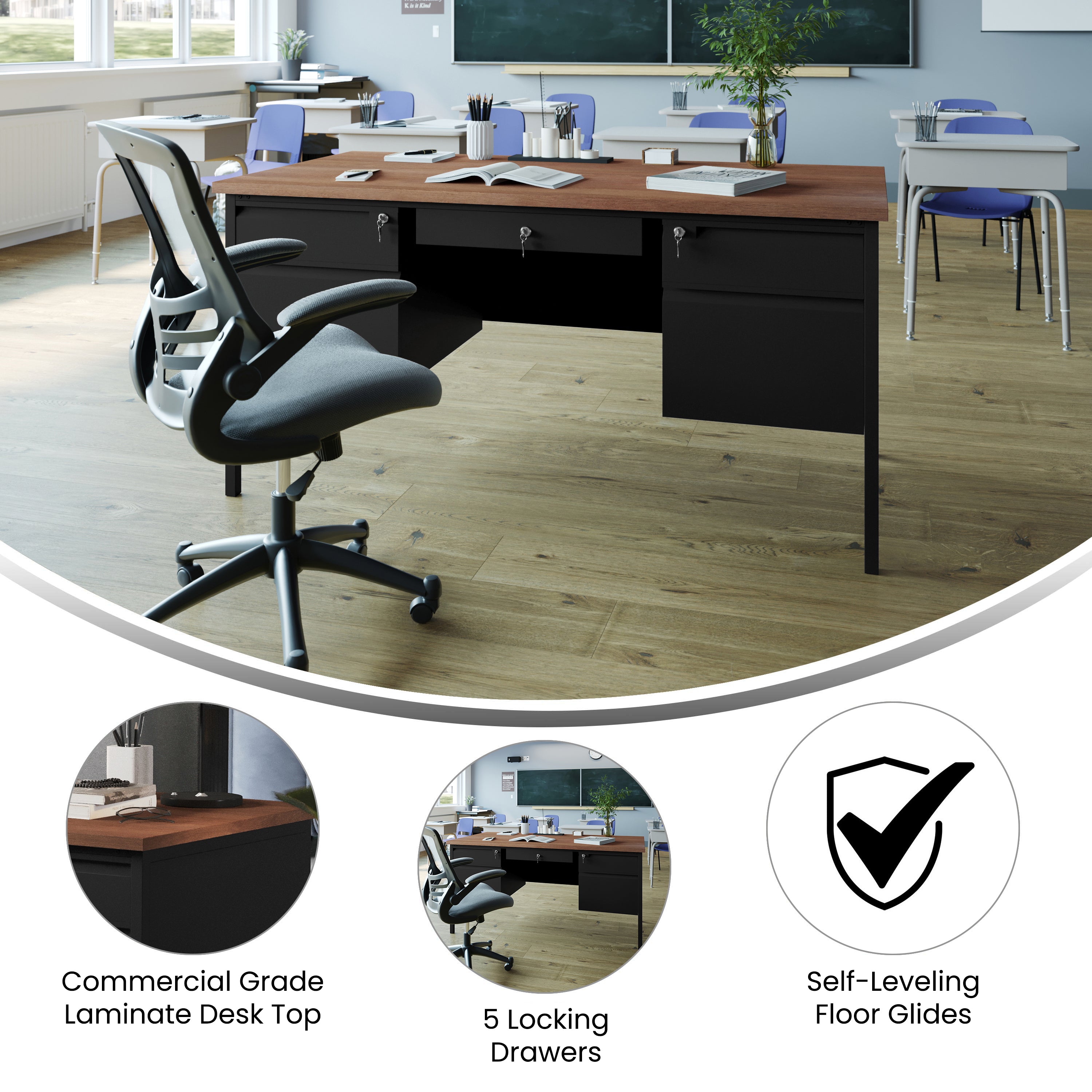 Cambridge Double Pedestal Desk with Locking Drawers and Metal Frame