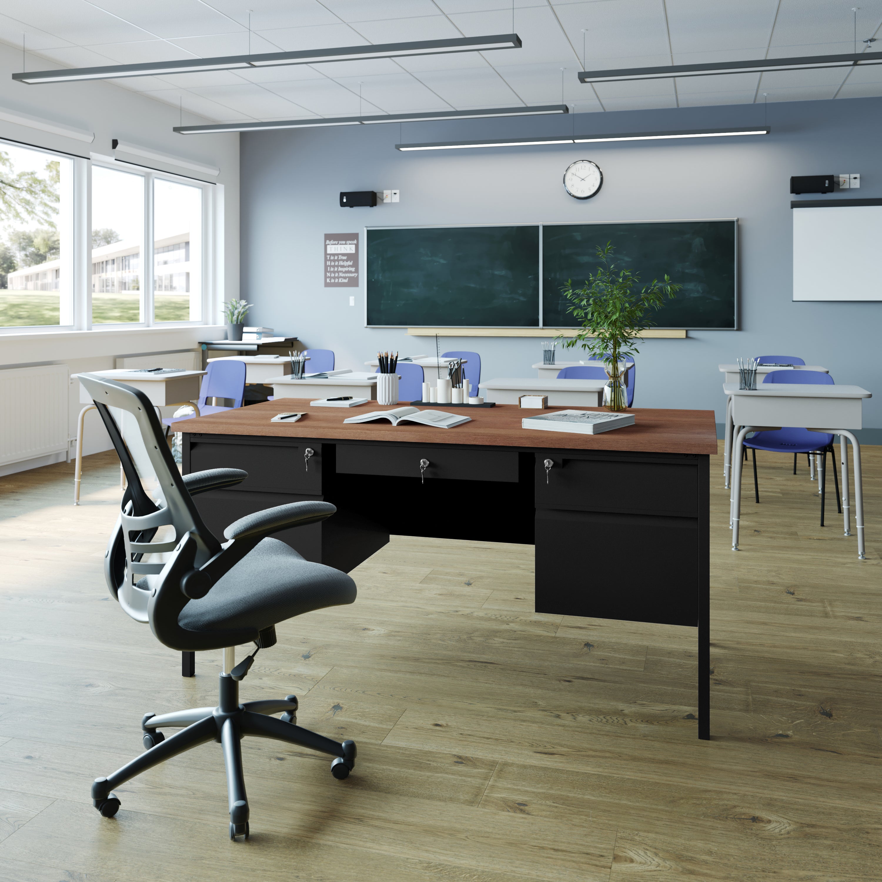 Cambridge Double Pedestal Desk with Locking Drawers and Metal Frame