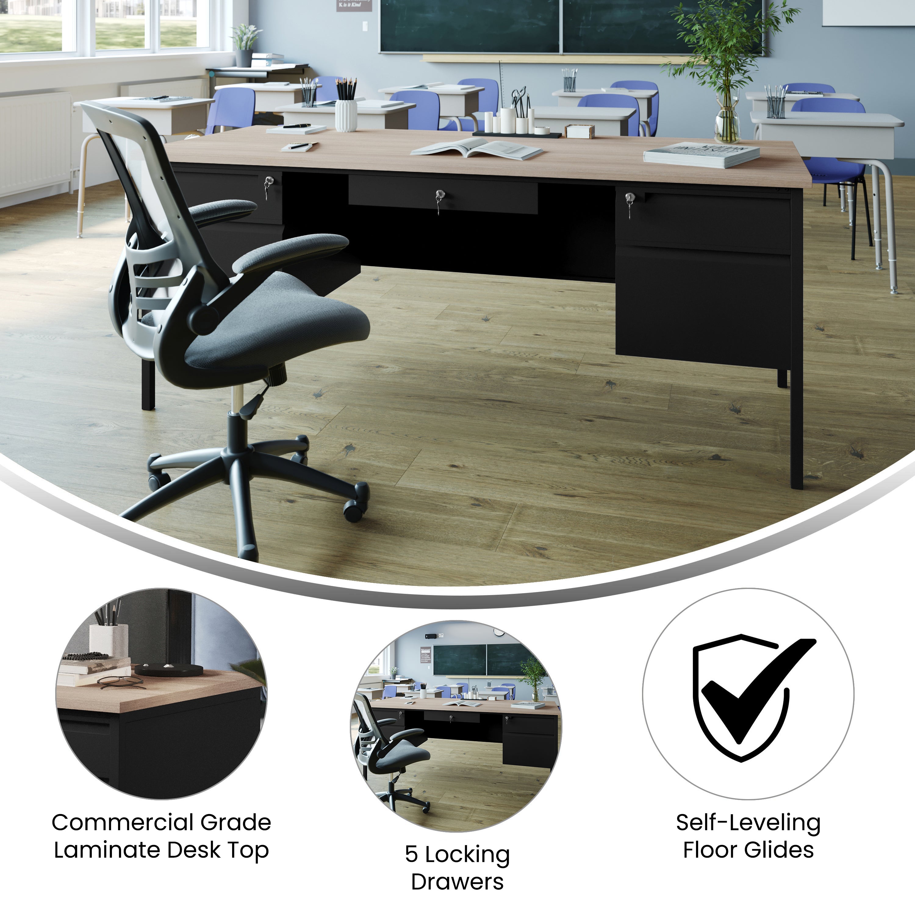 Cambridge Double Pedestal Desk with Locking Drawers and Metal Frame