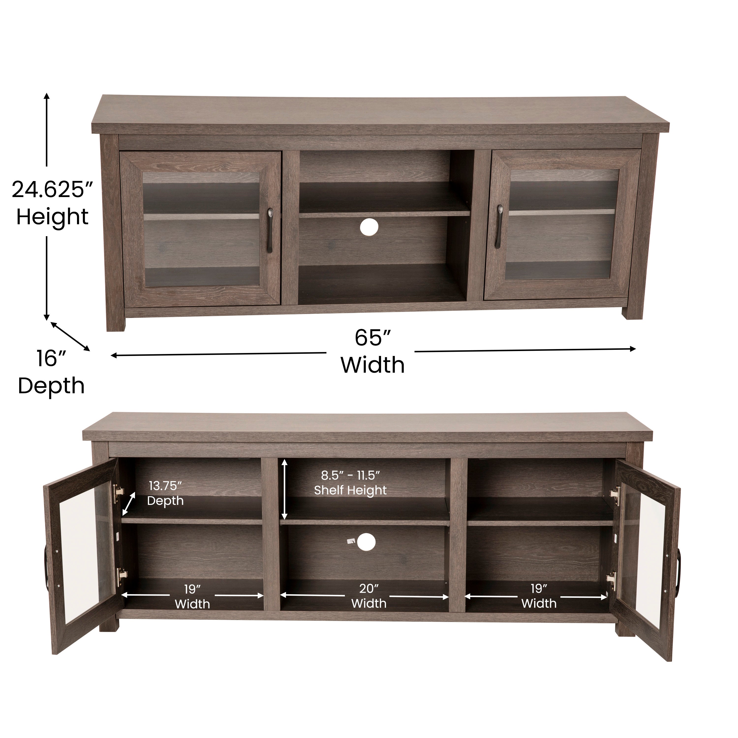 Sheffield Classic TV Stand for up to 80" TVs - Modern Finish with Full Glass Doors - 65" Engineered Wood Frame - 3 Shelves
