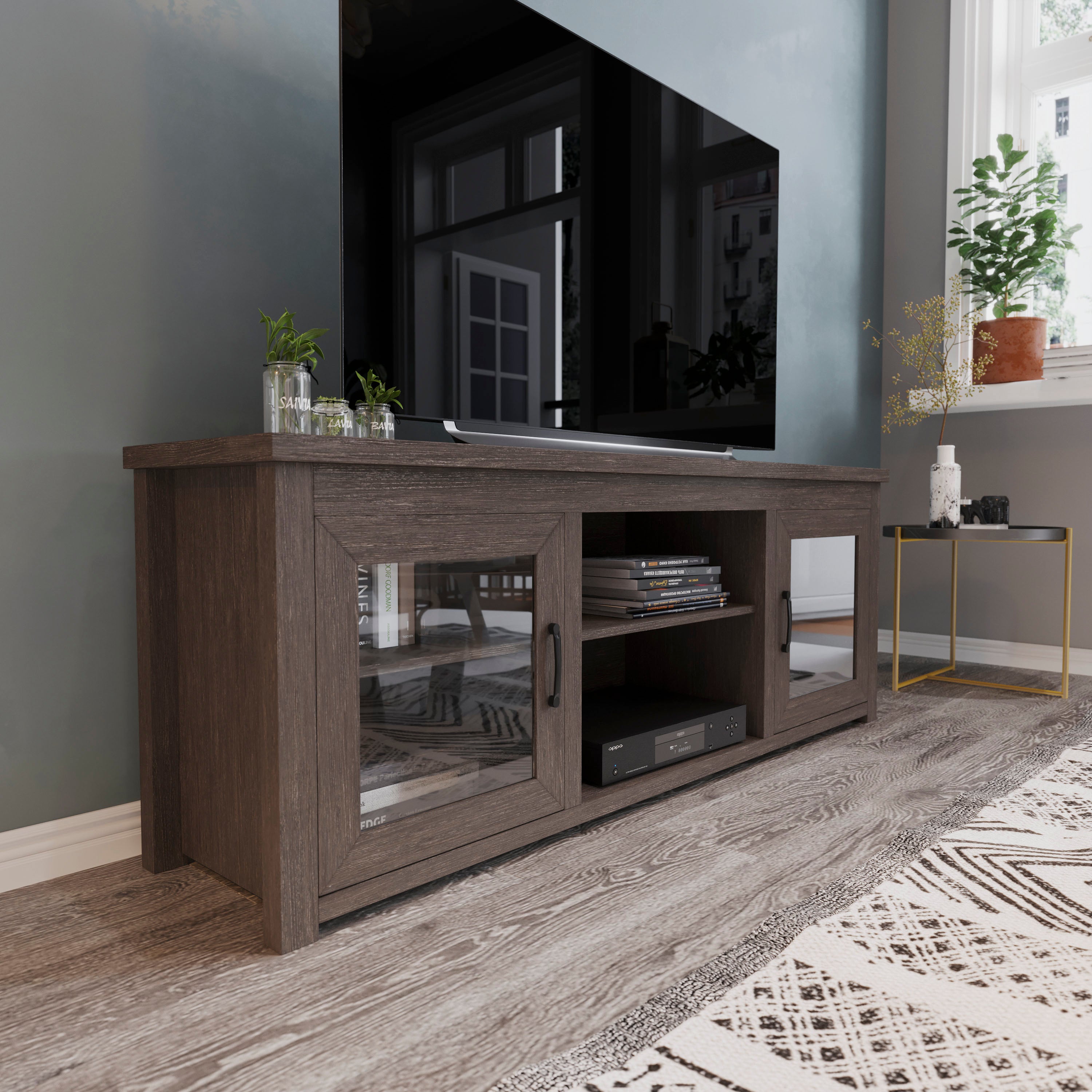 Sheffield Classic TV Stand for up to 80" TVs - Modern Finish with Full Glass Doors - 65" Engineered Wood Frame - 3 Shelves