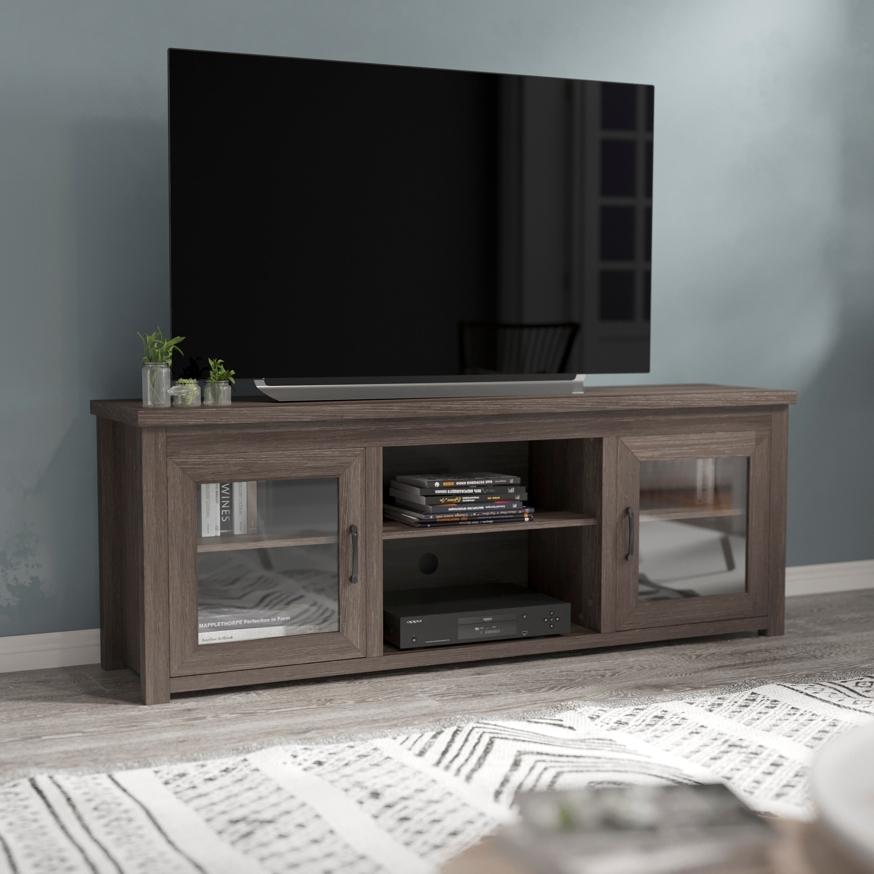 Sheffield Classic TV Stand for up to 80" TVs - Modern Finish with Full Glass Doors - 65" Engineered Wood Frame - 3 Shelves