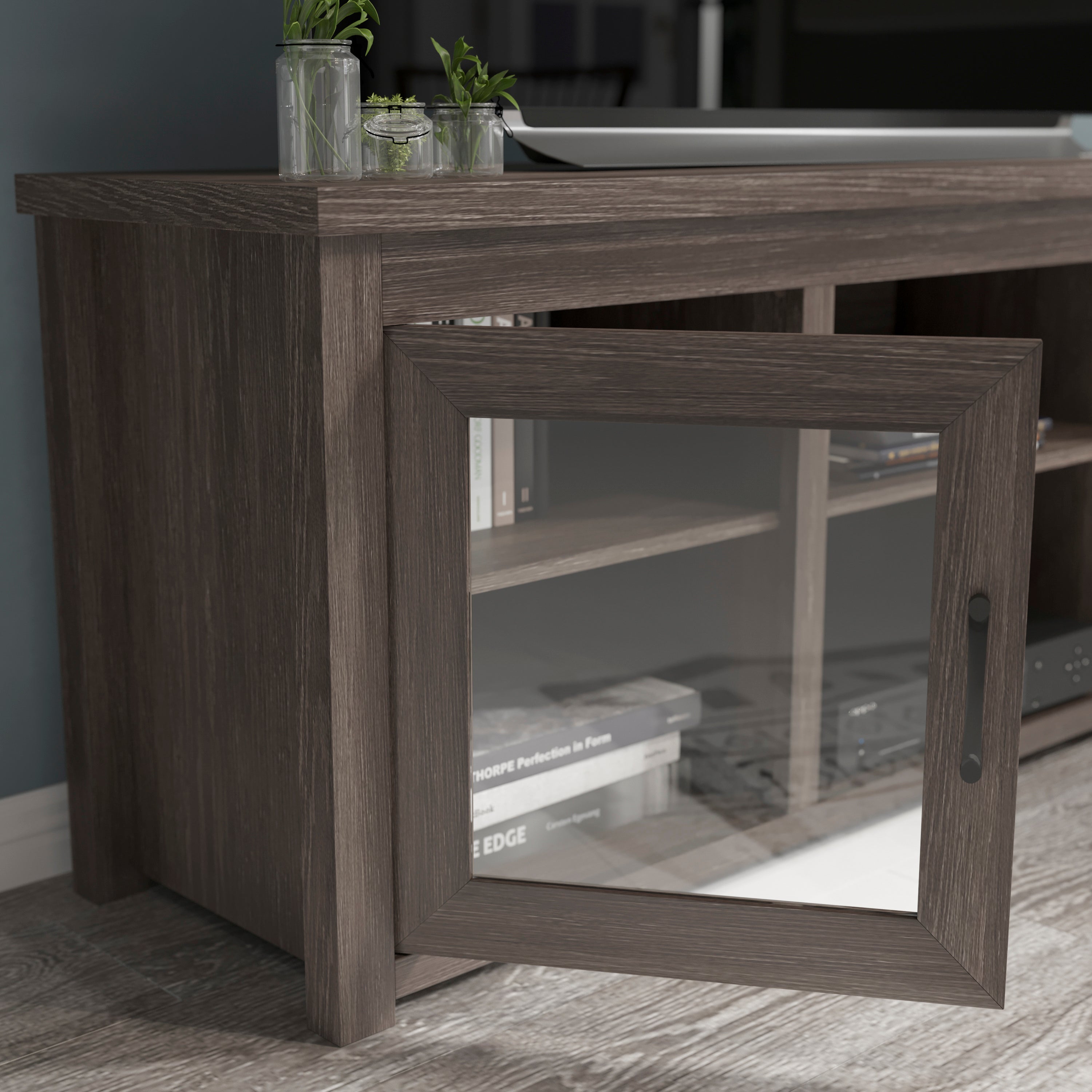 Sheffield Classic TV Stand for up to 80" TVs - Modern Finish with Full Glass Doors - 65" Engineered Wood Frame - 3 Shelves