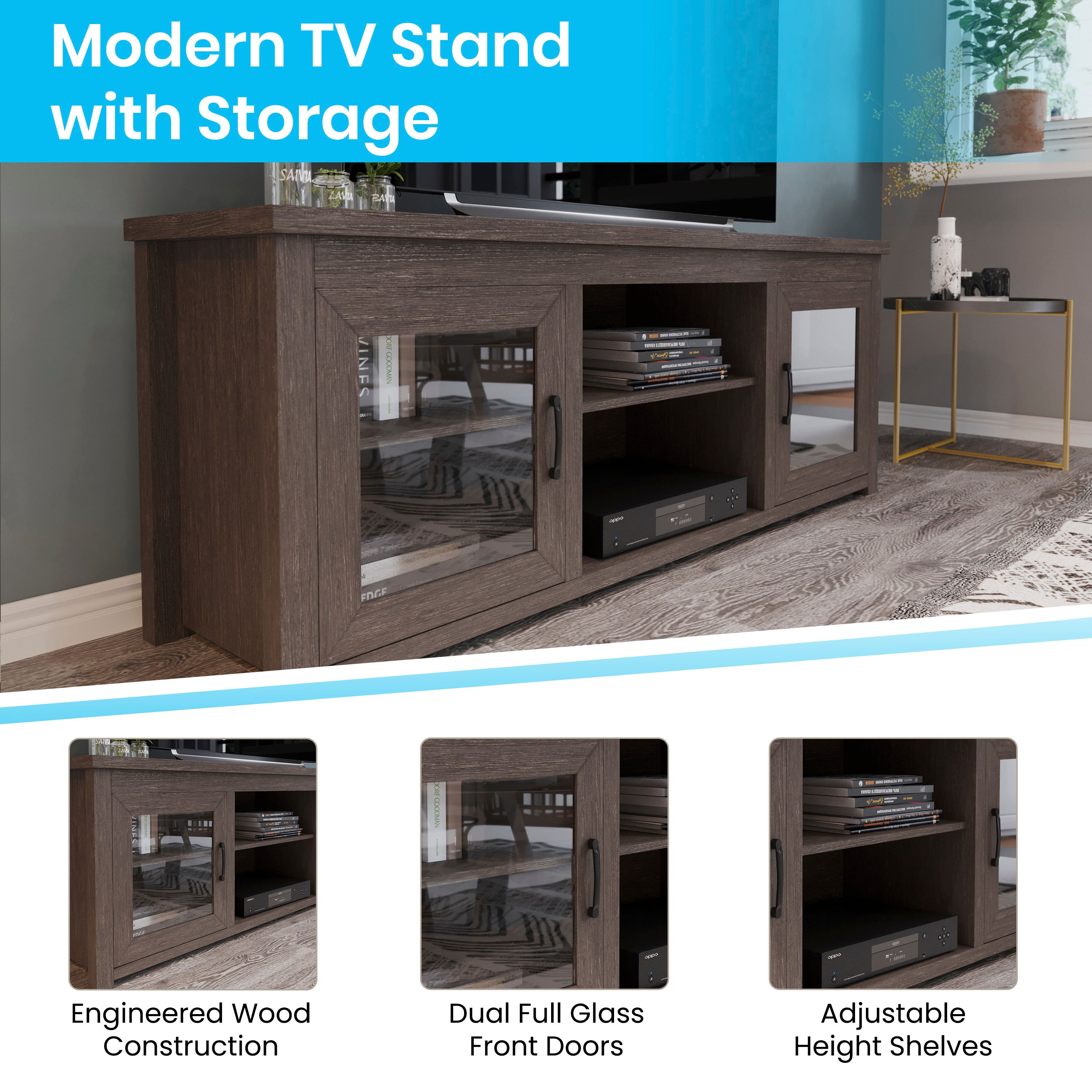 Sheffield Classic TV Stand for up to 80" TVs - Modern Finish with Full Glass Doors - 65" Engineered Wood Frame - 3 Shelves
