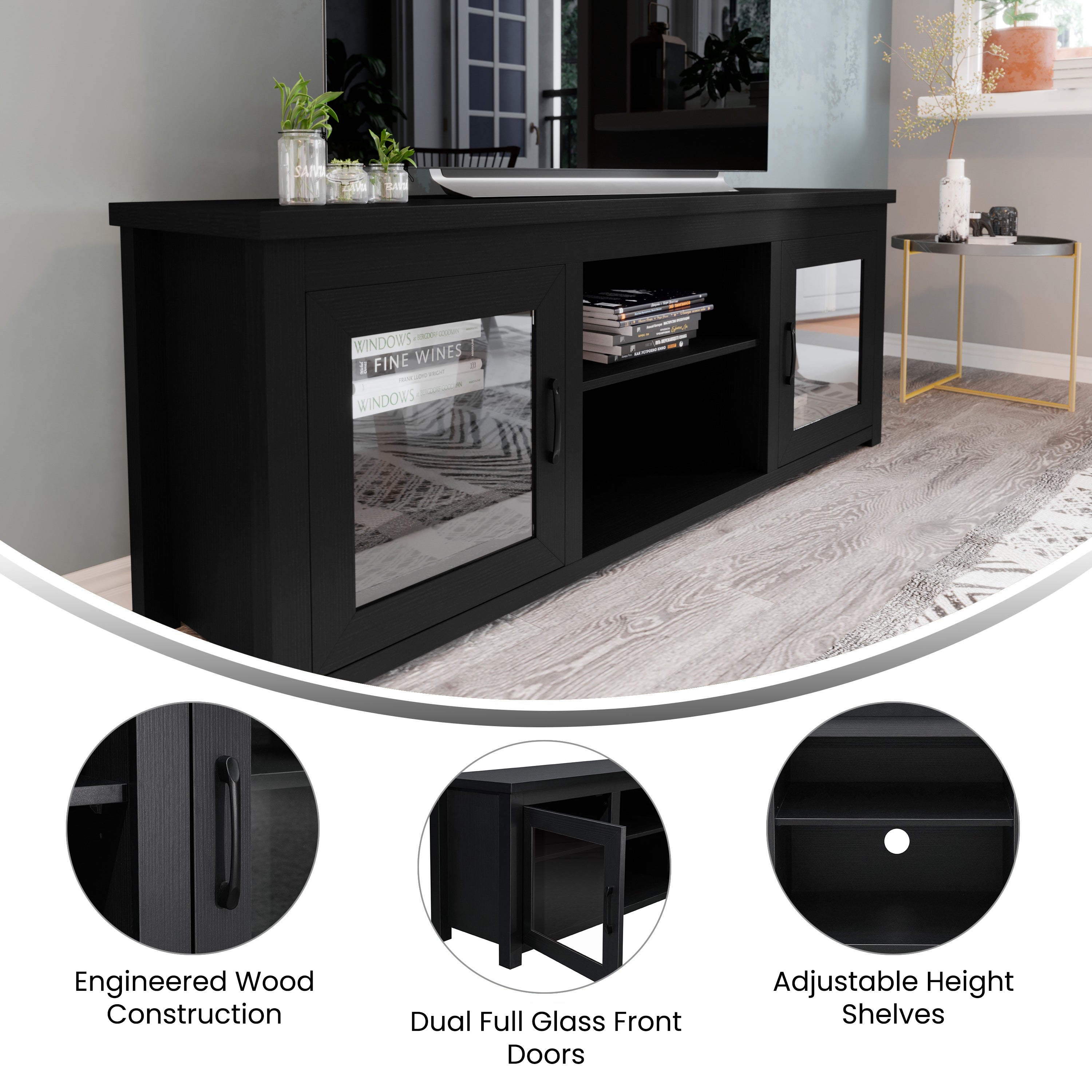 Sheffield Classic TV Stand for up to 80" TVs - Modern Finish with Full Glass Doors - 65" Engineered Wood Frame - 3 Shelves