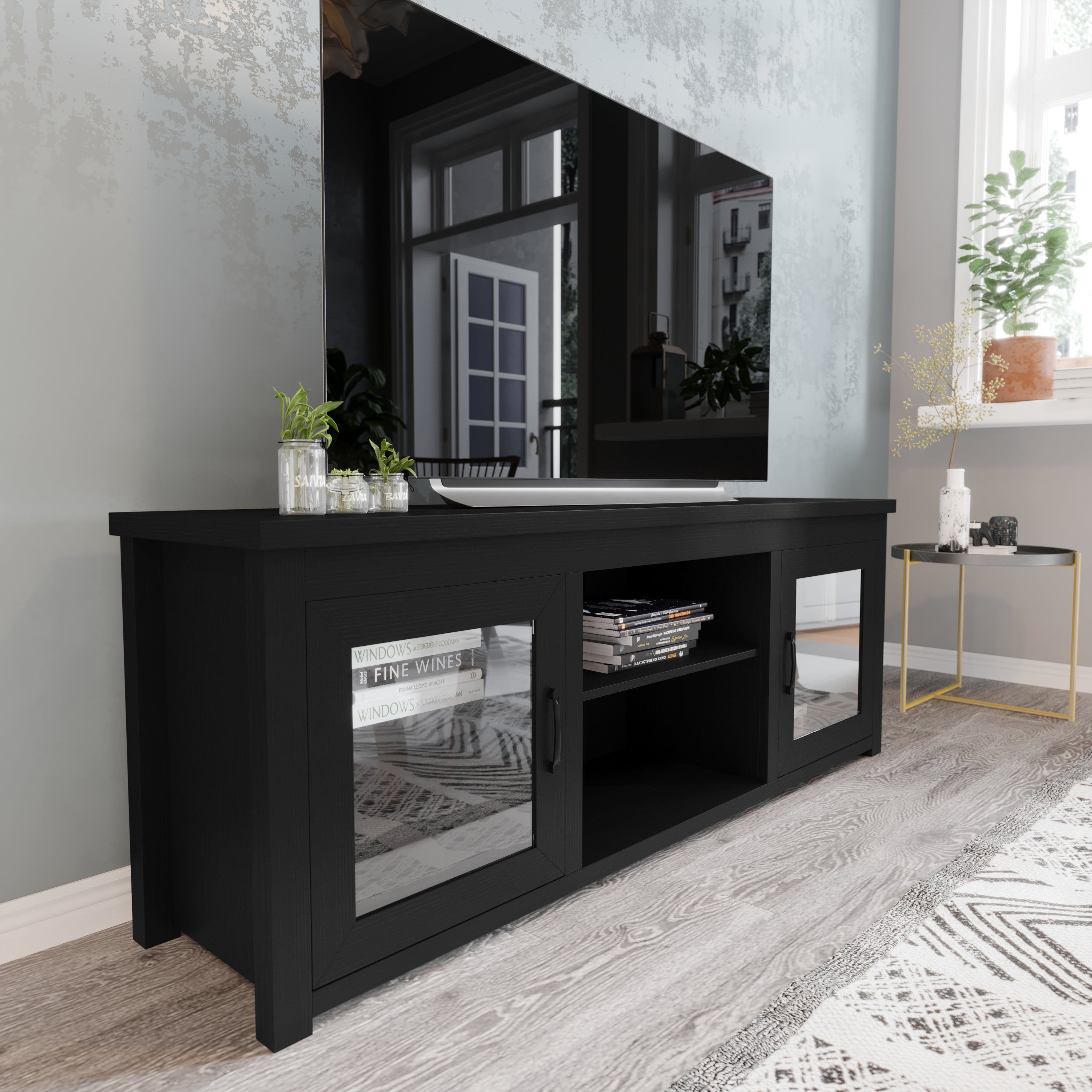 Sheffield Classic TV Stand for up to 80" TVs - Modern Finish with Full Glass Doors - 65" Engineered Wood Frame - 3 Shelves
