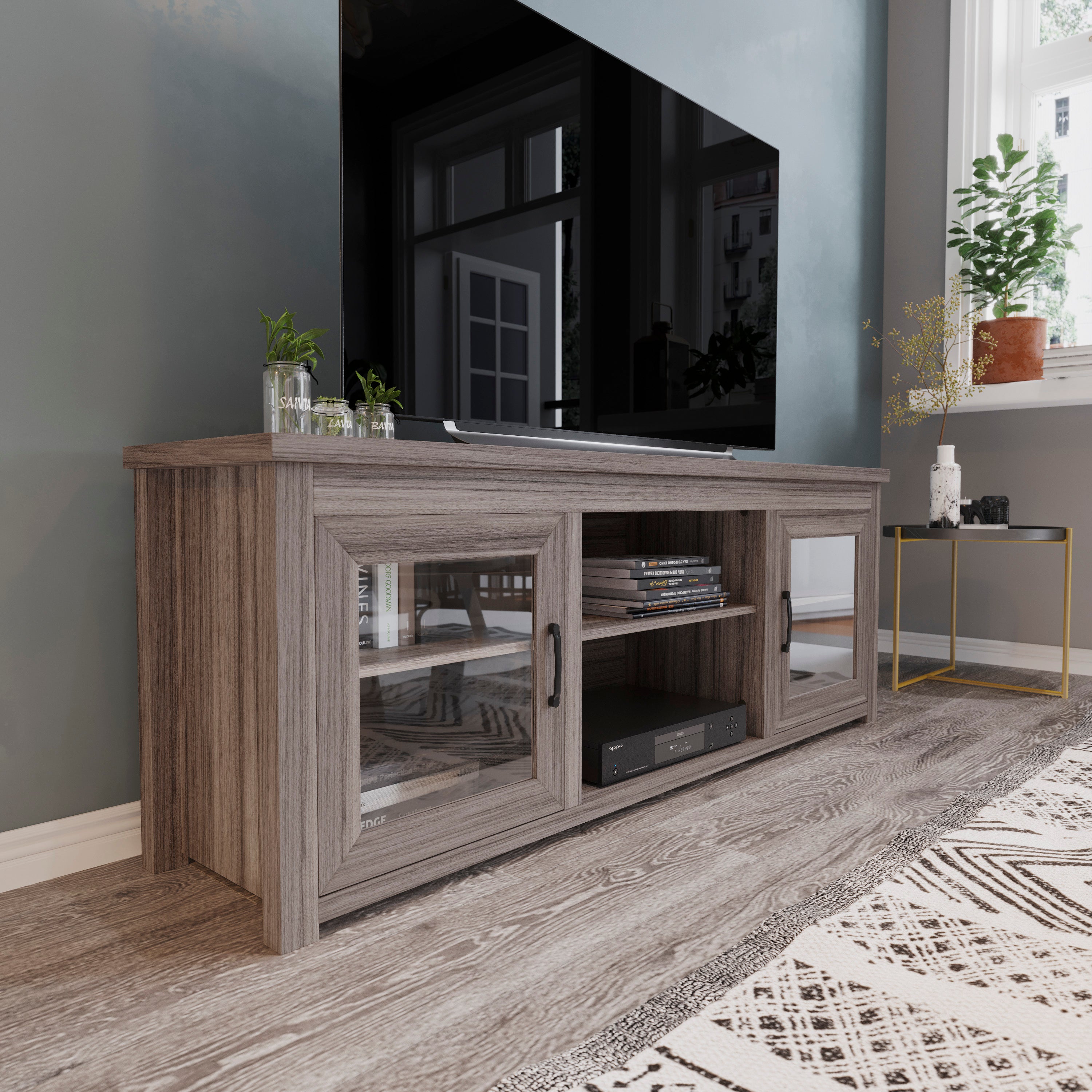 Sheffield Classic TV Stand for up to 80" TVs - Modern Finish with Full Glass Doors - 65" Engineered Wood Frame - 3 Shelves